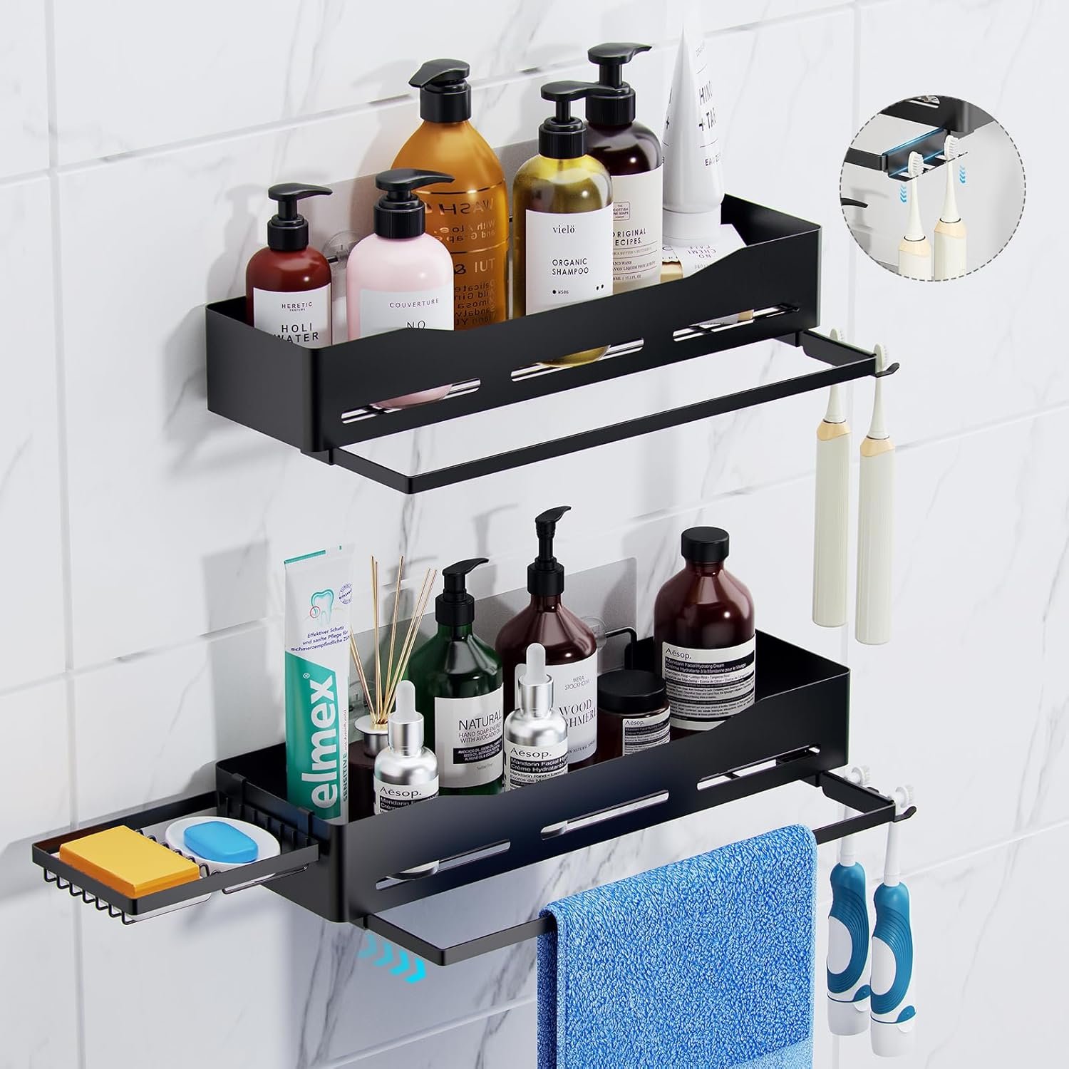 Shower Caddy - 2 Pack No Drilling Adhesive Shower Rack with Soap Holder & 2 Toothbrush Holder - Rustproof Large Capacity Shower Organizer with Towel Rack for Bathroom, Kitchen Storage - Image 2