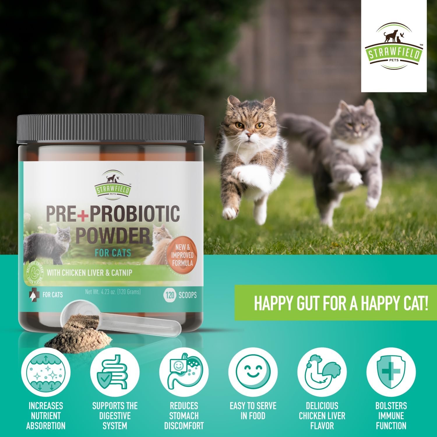 Strawfield Pets' Pre + Probiotic Powder for Cats with Catnip Probiotic for Cats Diarrhea Relief Supplement Natural Chicken Liver Flavor 120 Grams / 120 Scoops - Image 9