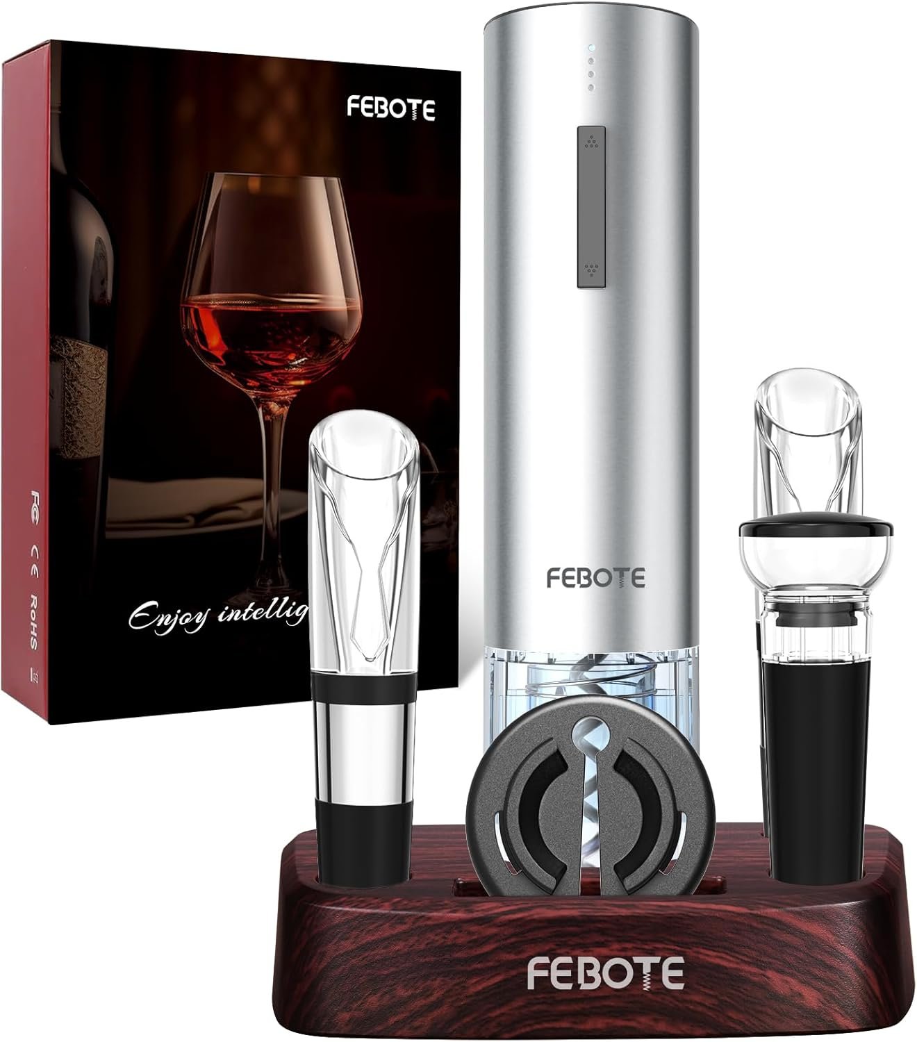 Electric Wine Opener Set, Rechargable Automatic Wine Bottle Corkscrew Opener with Wood Stand - 2 Vacuum Wine Stoppers Wine Aerator Foil Cutter for Home Bar Party Valentine's Day Christmas Gift - Image 2