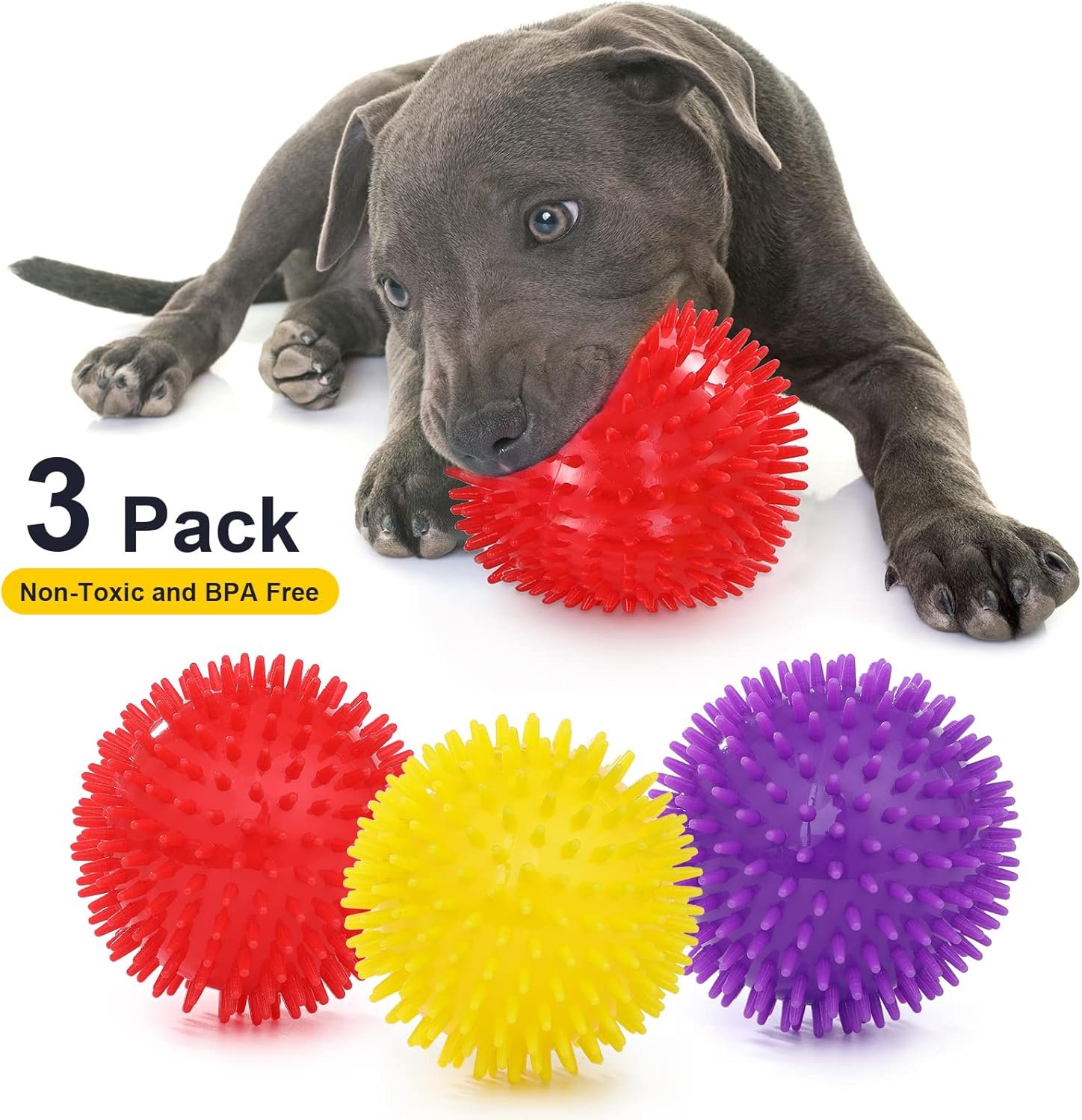 VITEVER 3 Colors 4.5” Heavy Duty Squeaky Dog Toy Balls for Medium Large Dogs, Dog Chew Toys for Teething, Spiky Dog Balls for Aggressive Chewers, Durable Dog Toys for Teeth Cleaning and Training - Image 3
