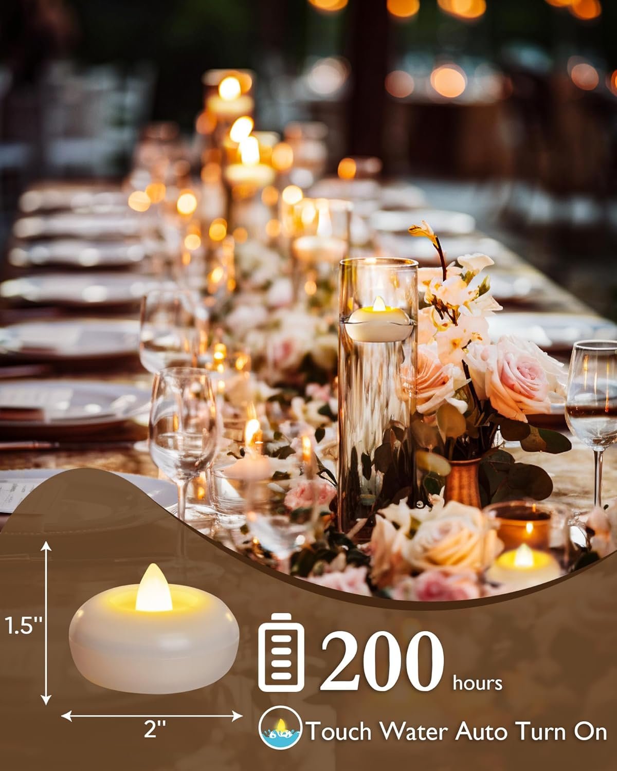 Homemory 24Pack 2” Flameless Led Floating Candles, 200 Hour Plastic Battery Operated Flickering Waterproof Tealights for Cylinder Vases, Centerpieces at Wedding, Party, Pool, Holiday (White Base) - Image 4