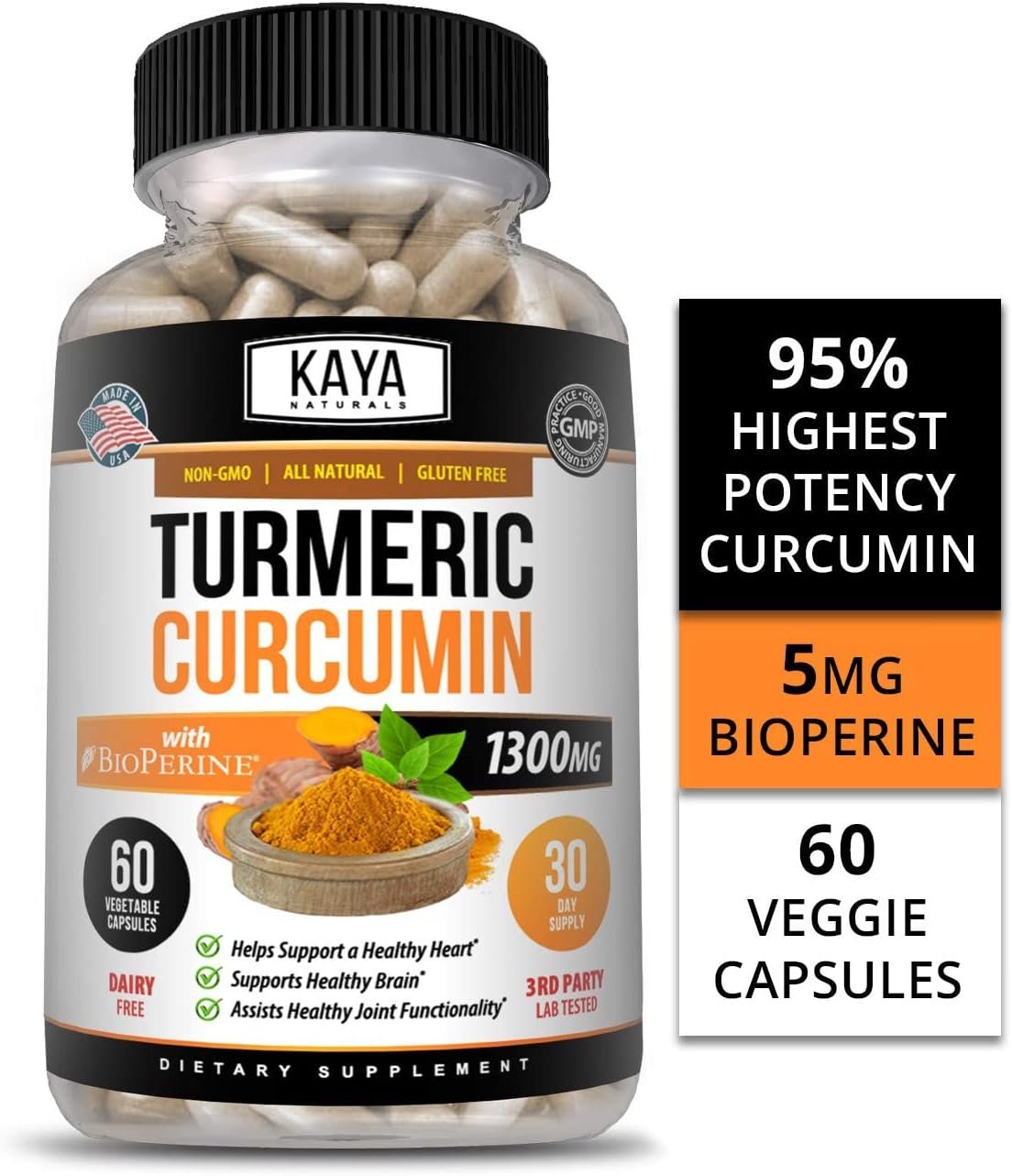 Kaya Naturals Turmeric Platinum, 60 Count Capsules, Bioperine, Premium Joint Support with 95% Standardized Curcuminoids - 60 Capsules - Image 3