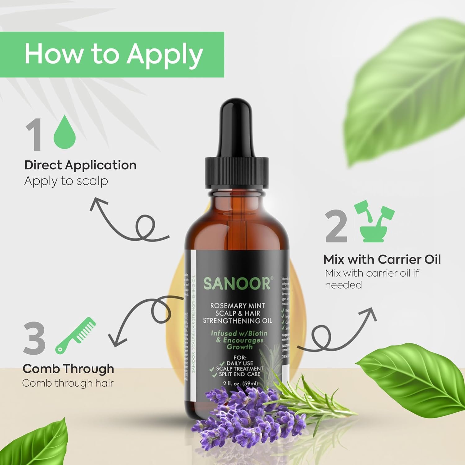 SANOOR® Rosemary Mint, Scalp Hair Growth Oil, Infused Biotin to Encourages Hair Growth | Healthier, Stronger & Long Strands | All Type & Texture | Straight, Waves & Chemically Treated Hairs - Image 4