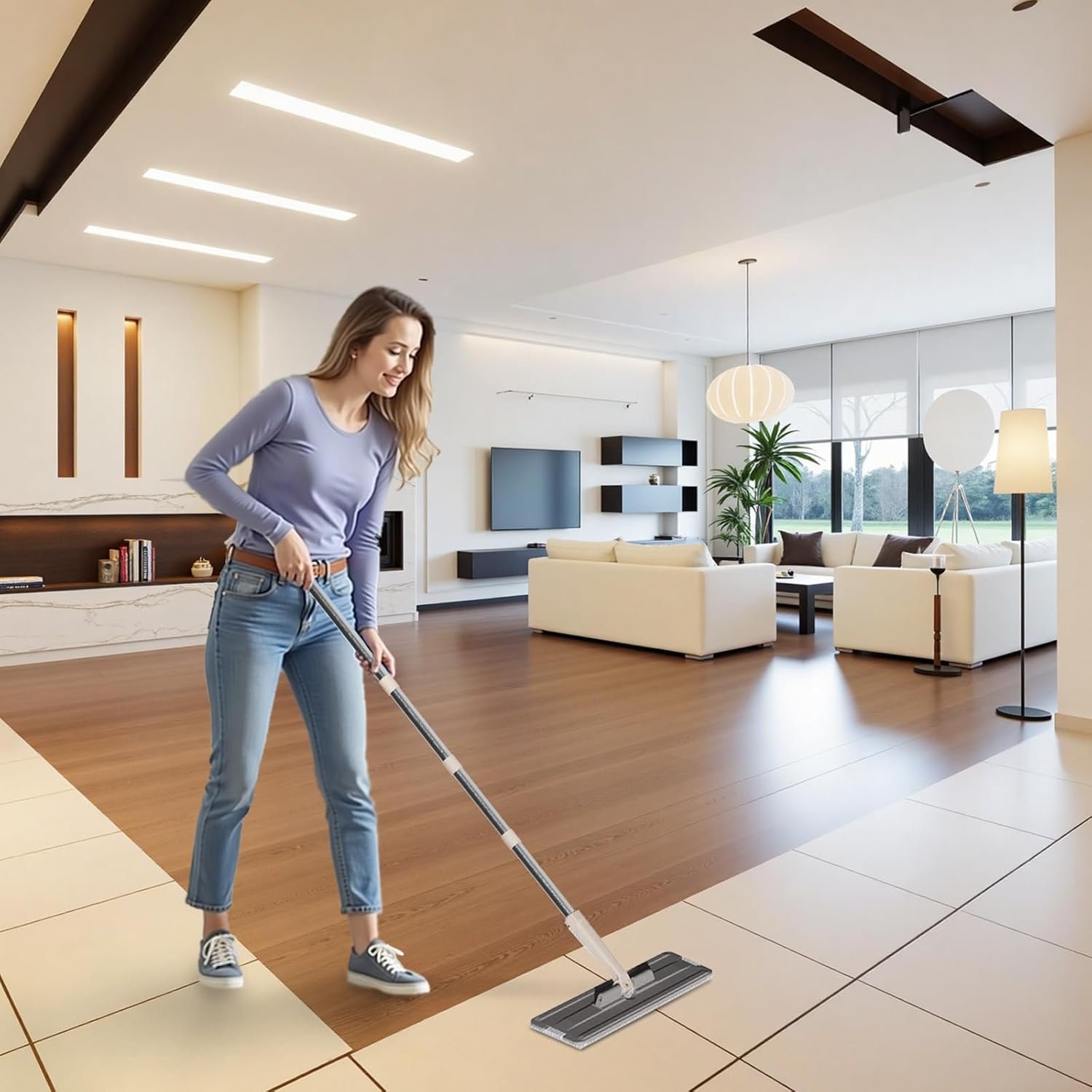 Mop and Bucket with Wringer Set for Home, 3-Chamber Separate Dirty Clean Water Flat Spin Mop and Bucket Set for Wet Dry Floor Wall Mops Hands Free Automatic Clean 60in Handle with 4 Microfiber Pads - Image 9