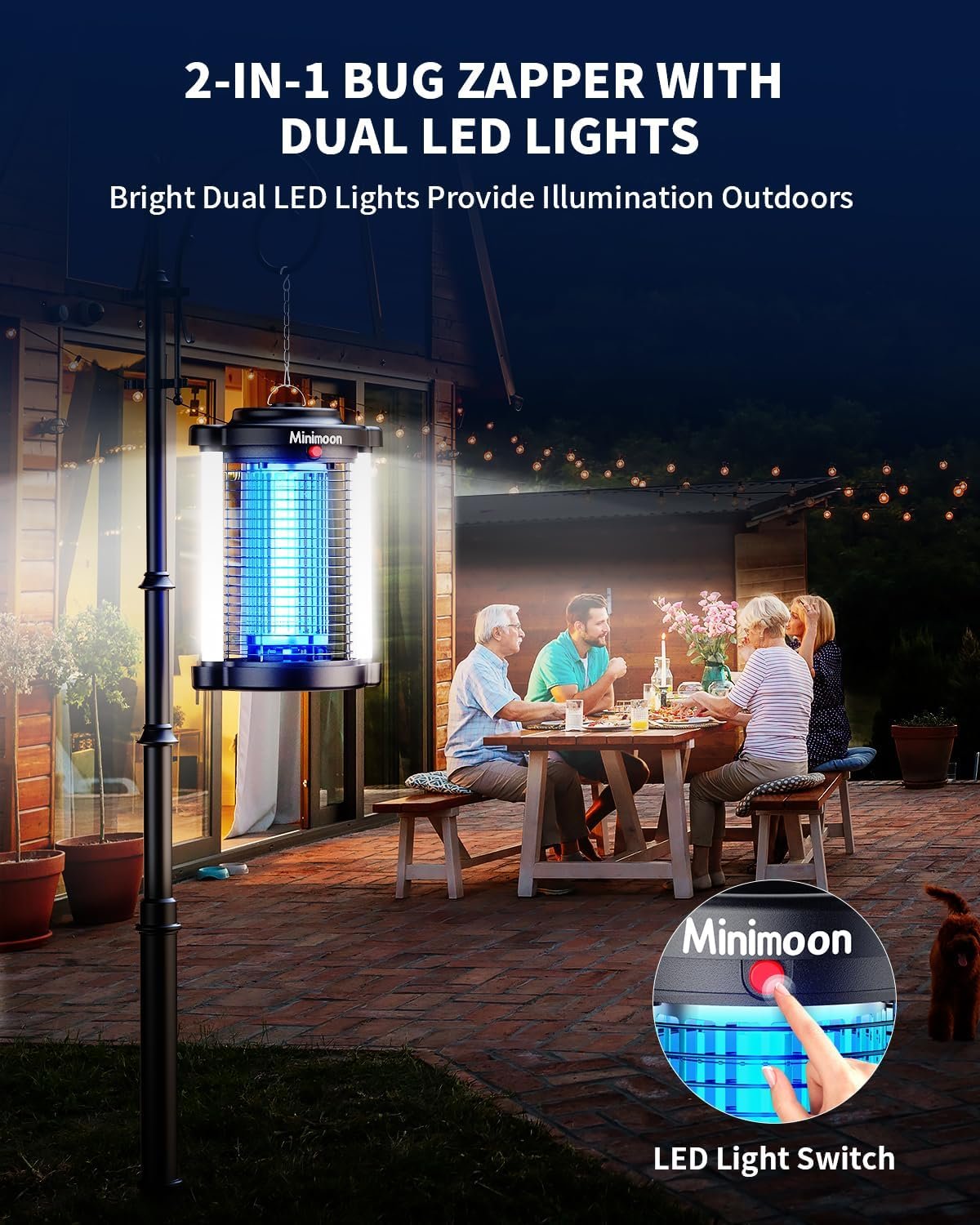 Minimoon Bug Zapper Outdoor, Upgraded Mosquito Zapper with Dual LED Light, 4200V Fly Zapper, 15W Electric Fly Traps Outdoor, IPX4, 8.2Ft Cord, Insect Trap for Yard, Backyard, Patio - Image 3