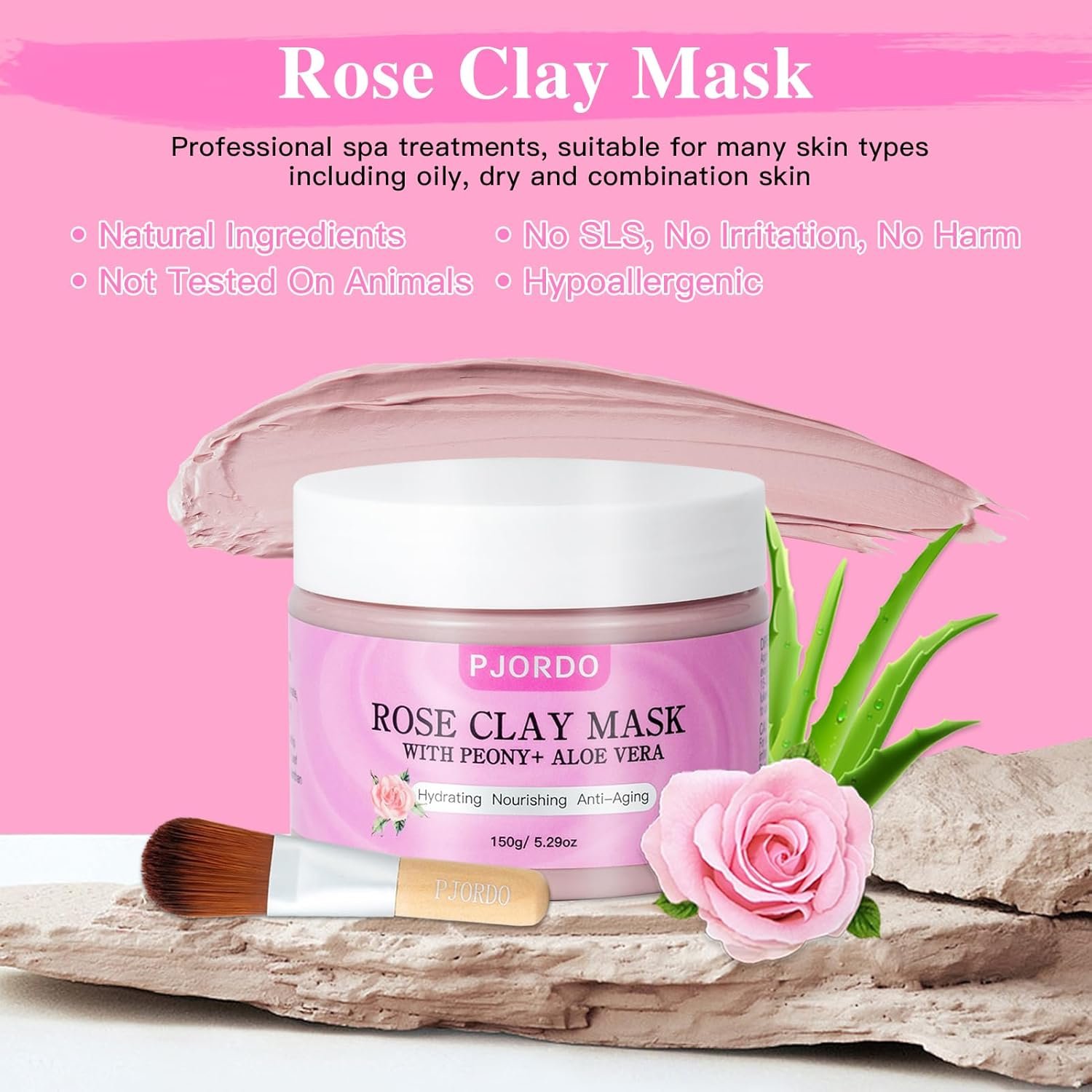 Rose Clay Mask, Skin Care Face Mask, Pink Clay Mask with Mask Brush for Deep Cleansing, Anti-Acne, Refining Pores Soothing and Brightening, Spa Facial Mask Gifts for Women - Image 8