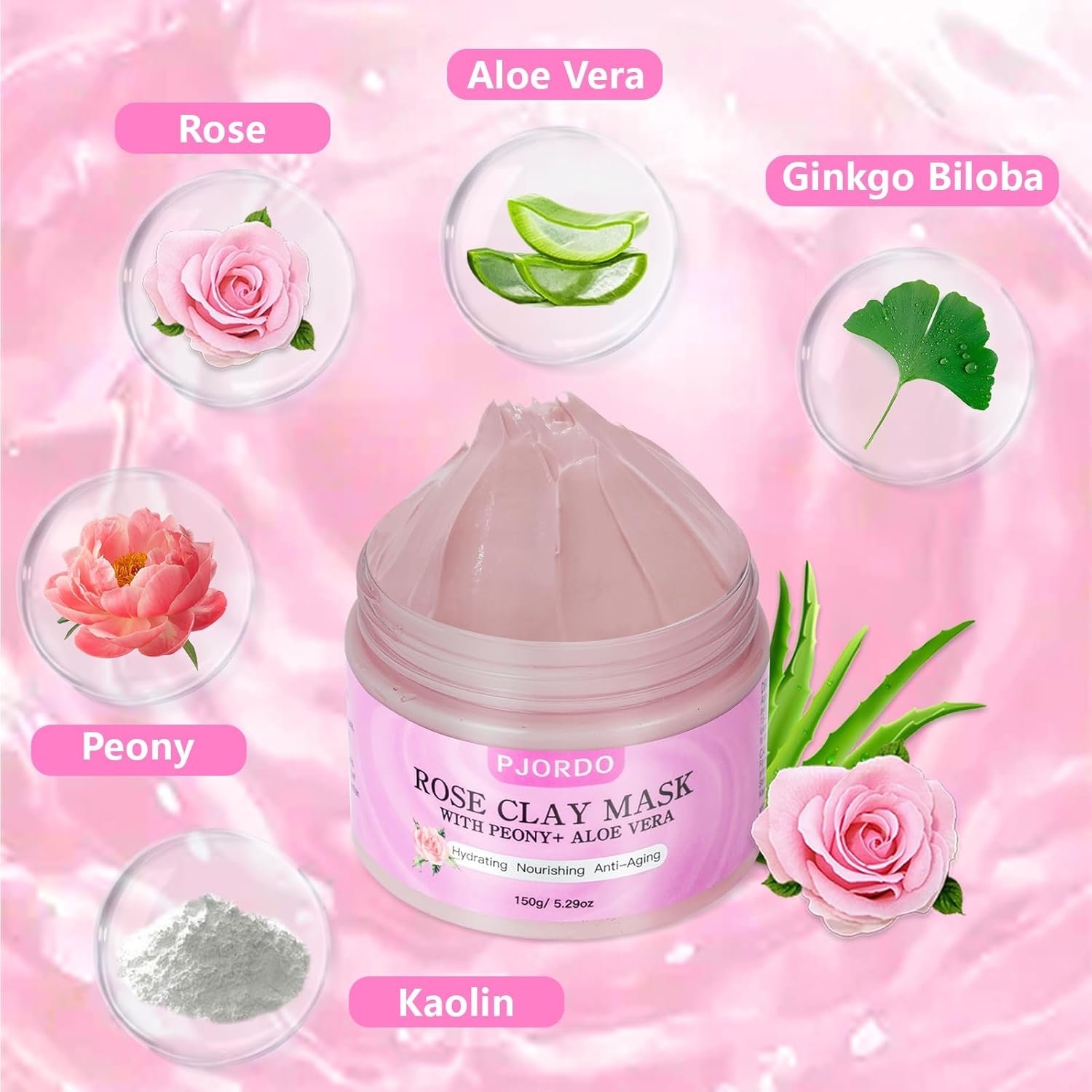 Rose Clay Mask, Skin Care Face Mask, Pink Clay Mask with Mask Brush for Deep Cleansing, Anti-Acne, Refining Pores Soothing and Brightening, Spa Facial Mask Gifts for Women - Image 4