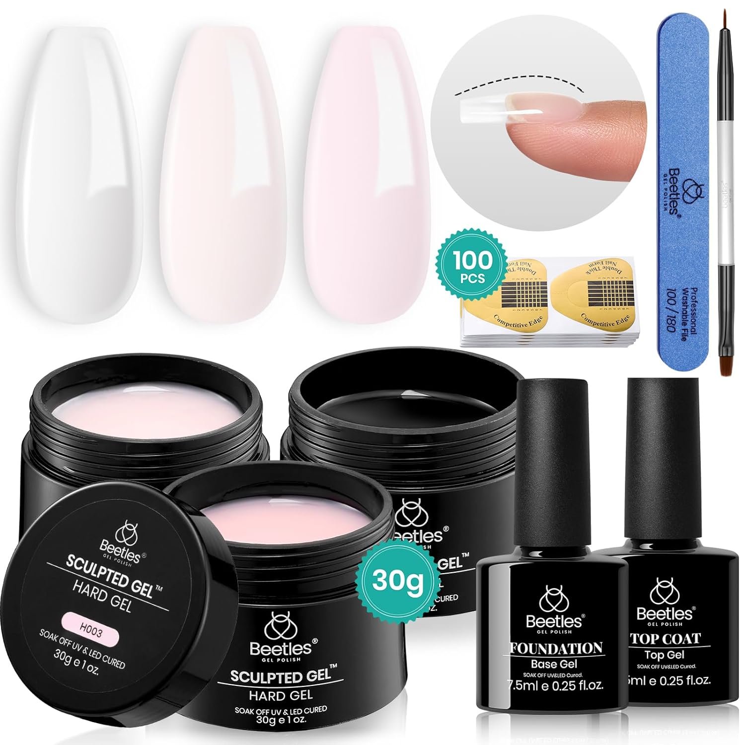 Beetles Builder Gel for Nails-10 in 1 30g *3 Colors Builder Gel Nail Kit Nail Extension Clear Nude Pink Hard Gel Sculpted Gel with Base Top Coat Nail Forms Nail Pen Nail Art Manicure Salon DIY Gift - Image 2