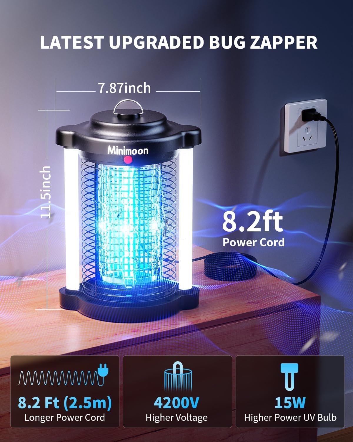 Minimoon Bug Zapper Outdoor, Upgraded Mosquito Zapper with Dual LED Light, 4200V Fly Zapper, 15W Electric Fly Traps Outdoor, IPX4, 8.2Ft Cord, Insect Trap for Yard, Backyard, Patio - Image 6