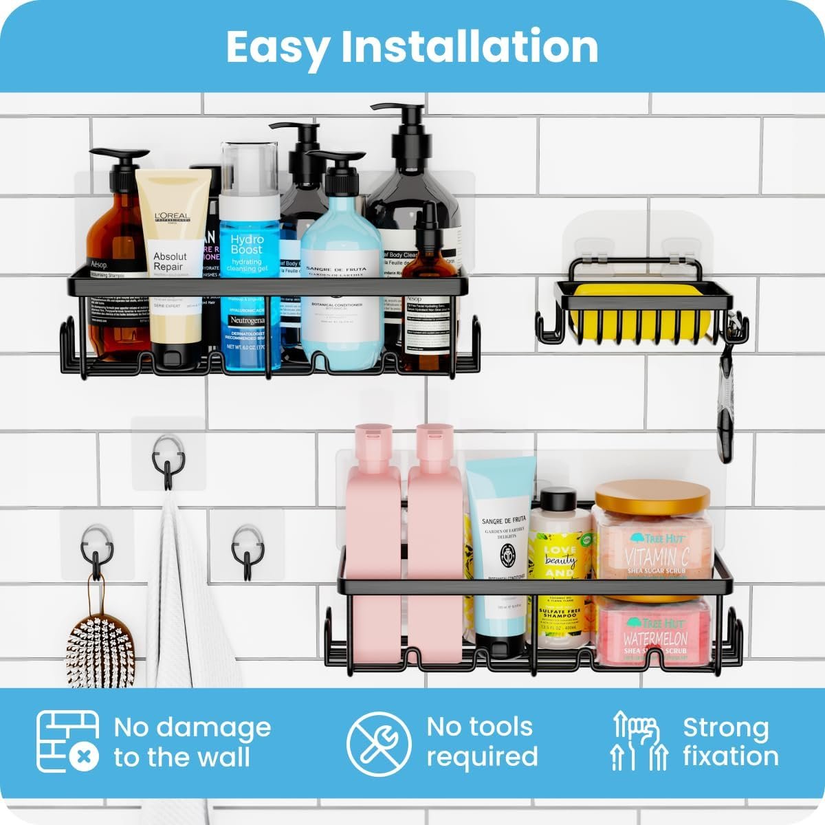 Shower Shelves 3 Pack, Adhesive Shower Organizer with 20 Hooks, 3 Adhesive Hooks, Large Capacity,Stainless Steel Black Shower Caddy,No Drilling,Easy Installation Shelf for Inside - Image 7