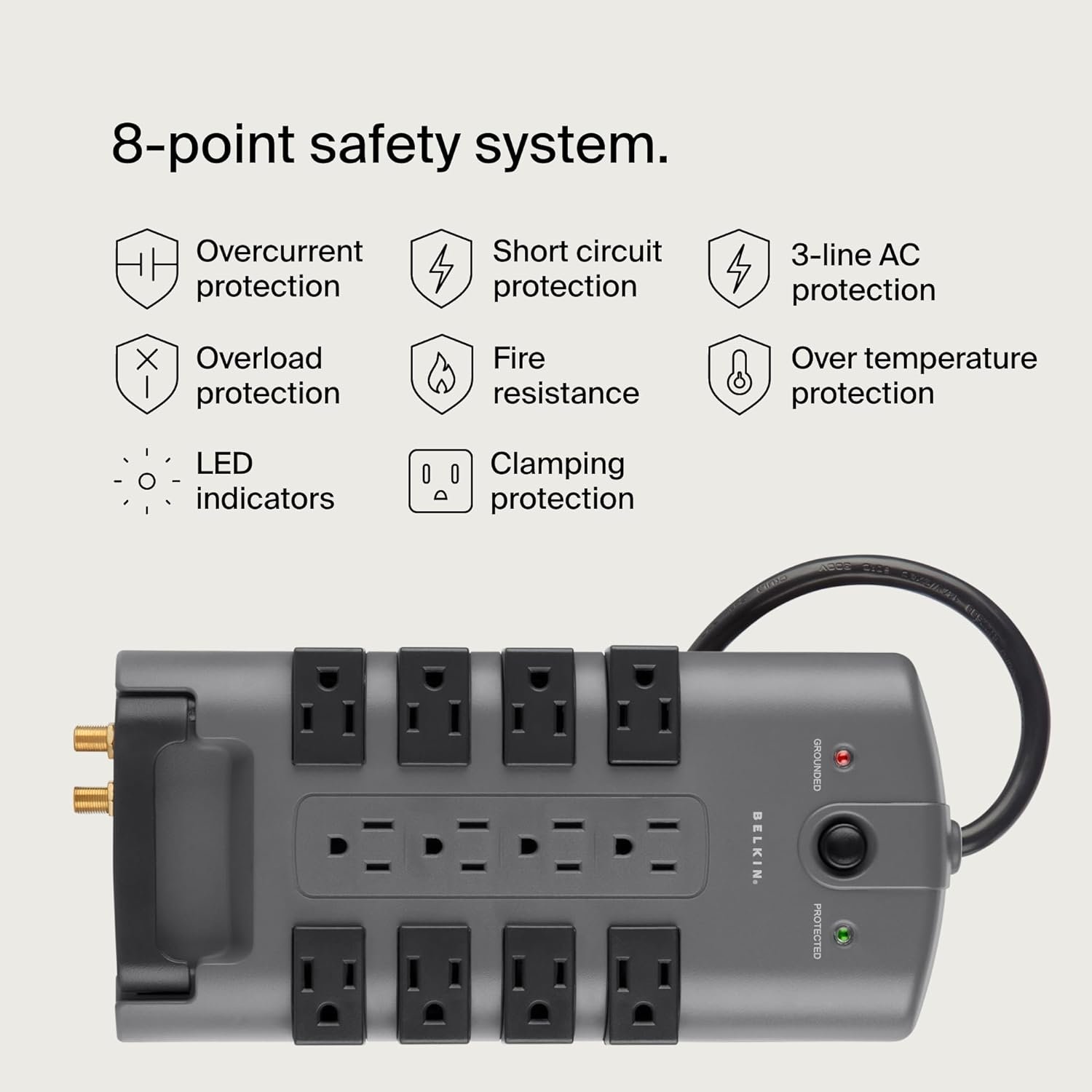 Belkin Surge Protector Power Strip w/ 8 Rotating & 4 Standard Outlets - 8ft Sturdy Extension Cord w/ Flat Pivot Plug for Home, Office, Travel, Desktop & Charging Brick - 4320 Joules of Protection - Image 4