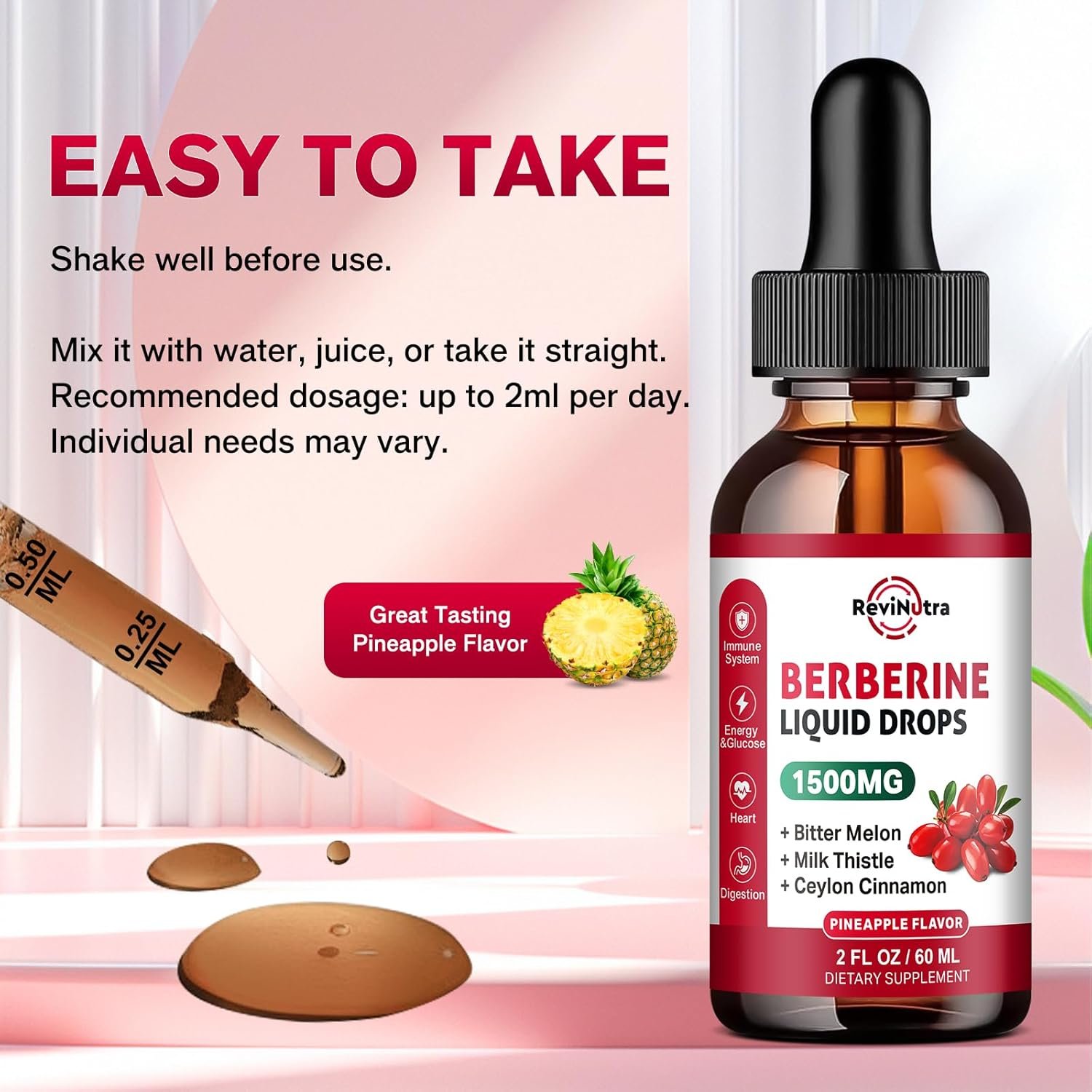 Berberine HCL Liquid Drops, 1500mg Berberine Supplement with Ceylon Cinnamon, Bitter Melon, Milk Thistle for Immune, Digestion System & Heart Health, 2 Fl Oz, Sugar-Free Pineapple Flavor - Image 5
