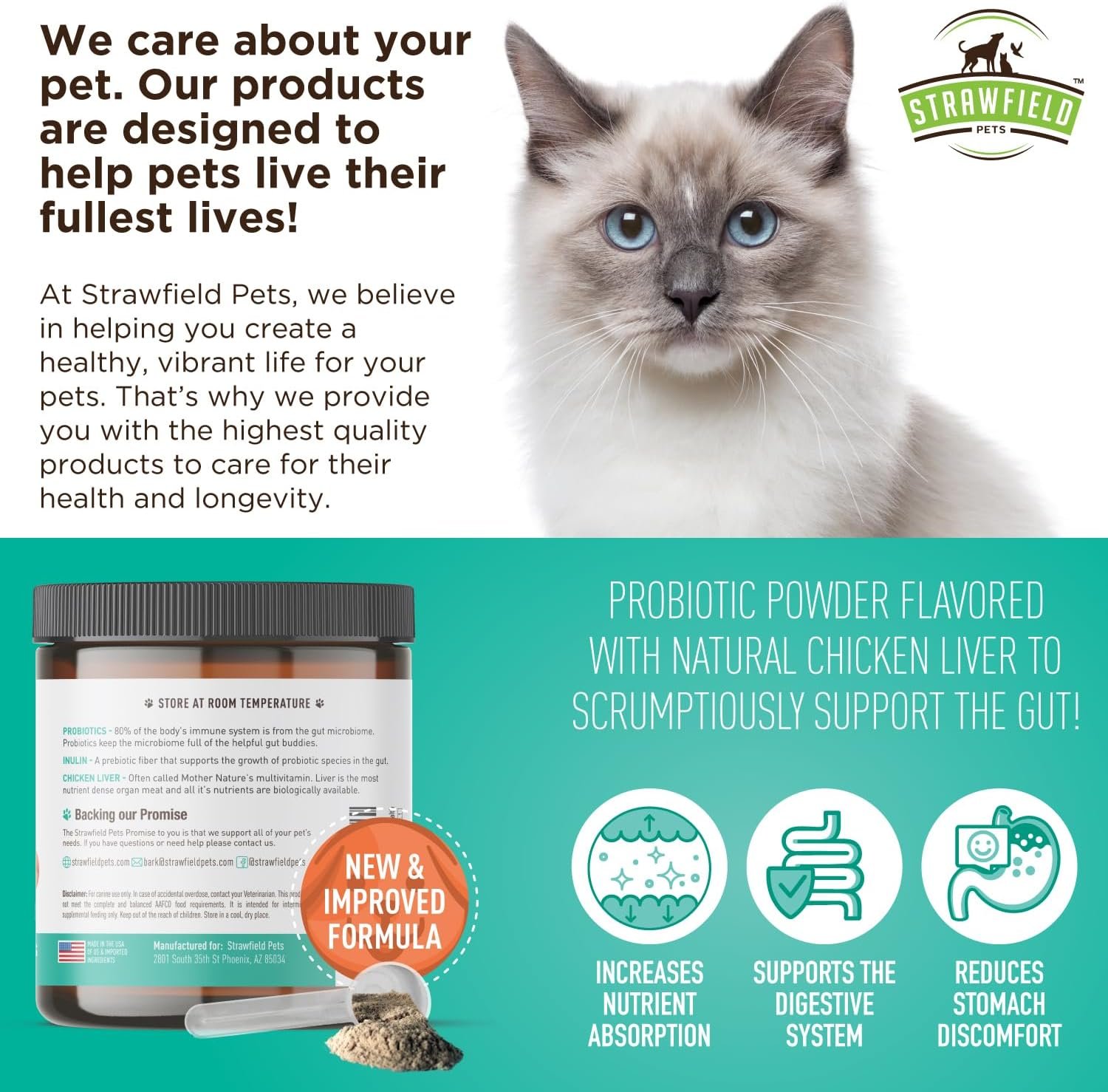 Strawfield Pets' Pre + Probiotic Powder for Cats with Catnip Probiotic for Cats Diarrhea Relief Supplement Natural Chicken Liver Flavor 120 Grams / 120 Scoops - Image 6