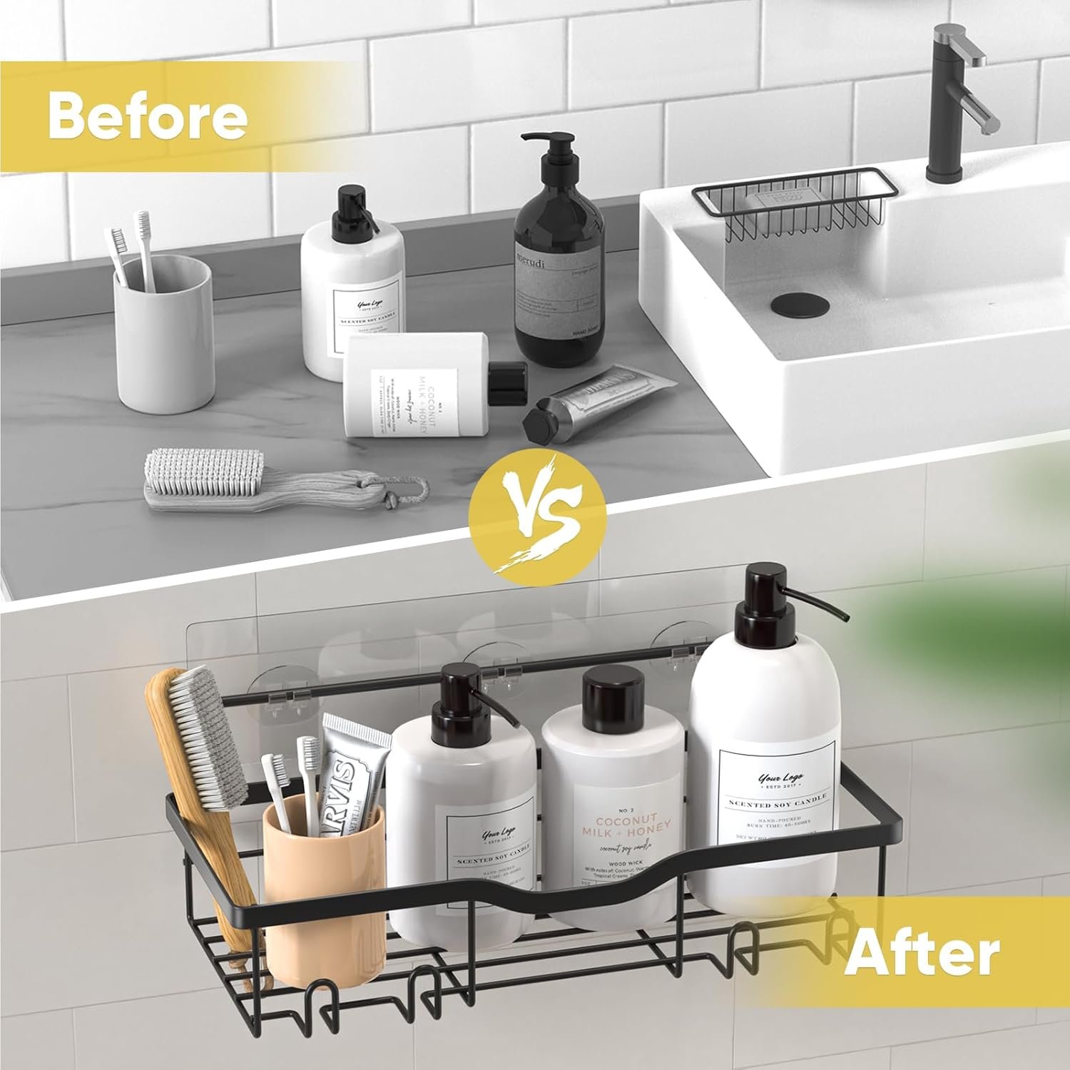 Shower Caddy Adhesive, 5 Pack Corner Bathroom Shelves Rack Rustproof Stainless Steel Bath Organizers with 12 Hooks Large Capacity, No Drilling Shelves for Storage&Home Decor&Kitchen… - Image 4
