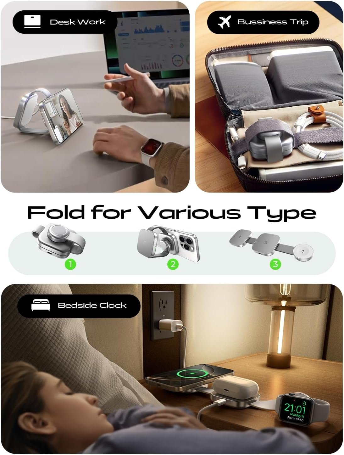 LISEN 3 in 1 for Magsafe iPhone Charger Travel Charger 3 in 1 Foldable Charging Station for iPhone and Apple Watch Charger Wireless Charging Station for iPhone 16 Pro Max 15 Plus iWatch Airpods Gift - Image 4