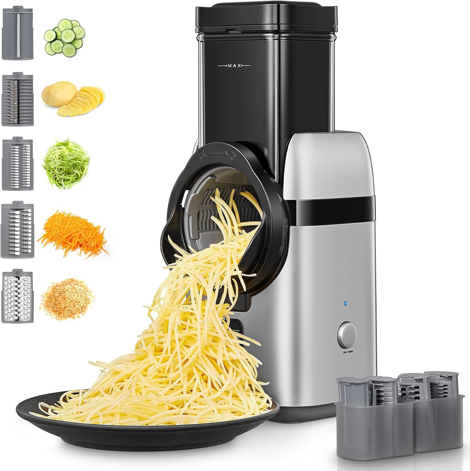 FOHERE Electric Cheese Grater, Large Feed Chute Electric Grater Vegetable Shredder with Multi Replaceable Blades and Storage Box, 5 in 1 cheese slicer for Whole Potatoes, Cheese and Nuts - Image 2