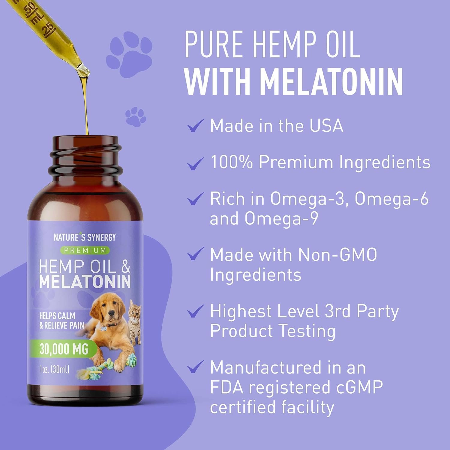 Nature's Synergy Melatonin and Hemp Oil for Dogs, Cats & Pets, Calming Sleep Support, Omega Fatty Acids for Hip and Joint Support, Skin and Coat Health, Stress from Travel, Separation, 1 Oz - Image 6