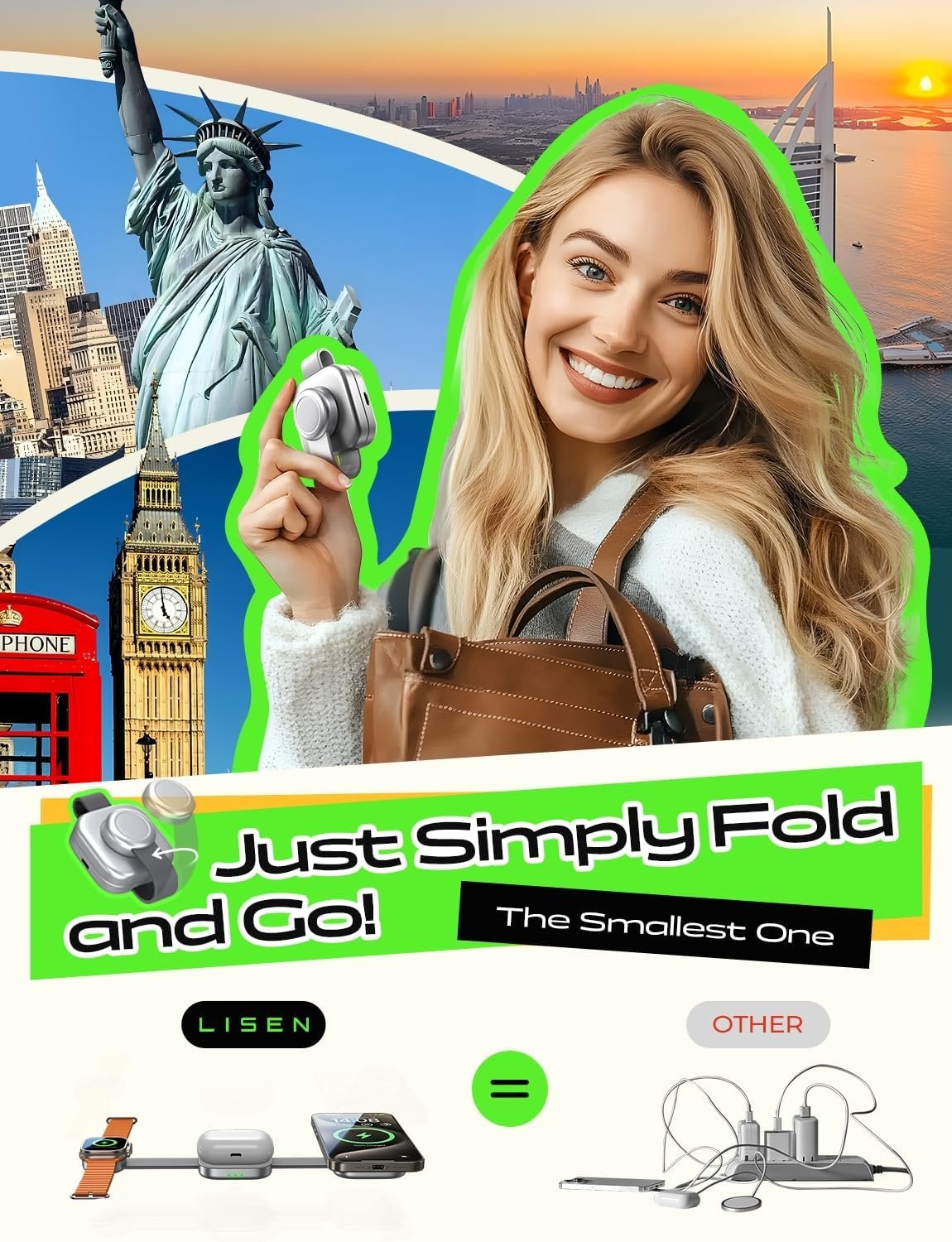 LISEN 3 in 1 for Magsafe iPhone Charger Travel Charger 3 in 1 Foldable Charging Station for iPhone and Apple Watch Charger Wireless Charging Station for iPhone 16 Pro Max 15 Plus iWatch Airpods Gift - Image 3