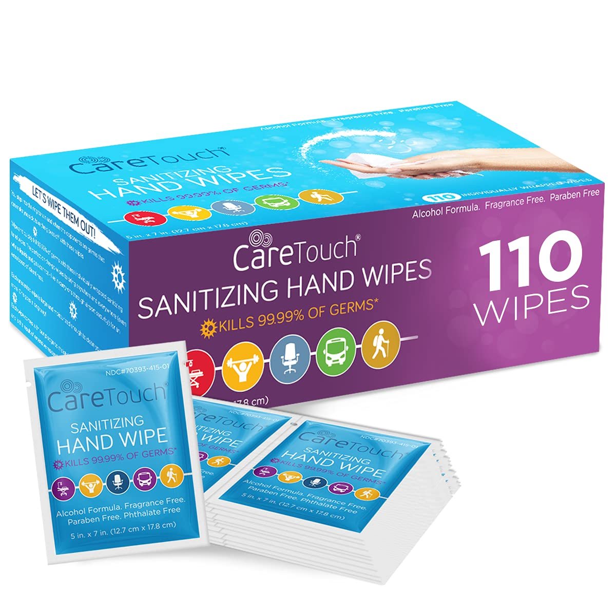 Care Touch Hand Sanitizer Wipes - 110 Hand Wipes Individually Wrapped - Travel Size - Sanitizing Wet Wipes for Home, Office & Outdoor Use - Image 2