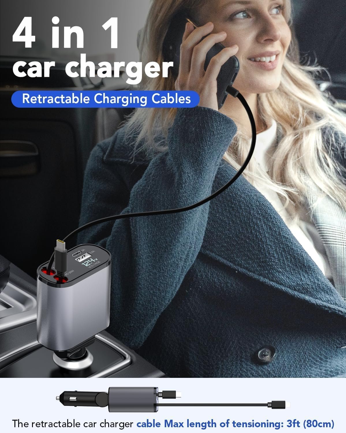 Retractable Car Charger, 4 in 1 Fast Car Phone Charger 66W, 2 Retractable Cables and USB Car Charger, Compatible with iPhone 16/15/14/13/12/11,Galaxy,Pixel - Image 3