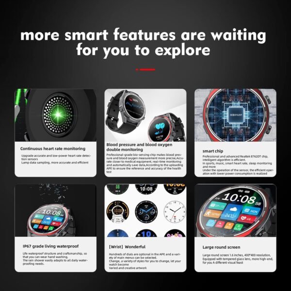 1.6 Inch Large Screen Smartwatch, 60 Days Extra Long Standby Large Men Smartwatch (Receive/Dial Calls), Android iOS Fitness Tracker with Heart Rate Sleep Monitor Sport Waterproof - Image 7