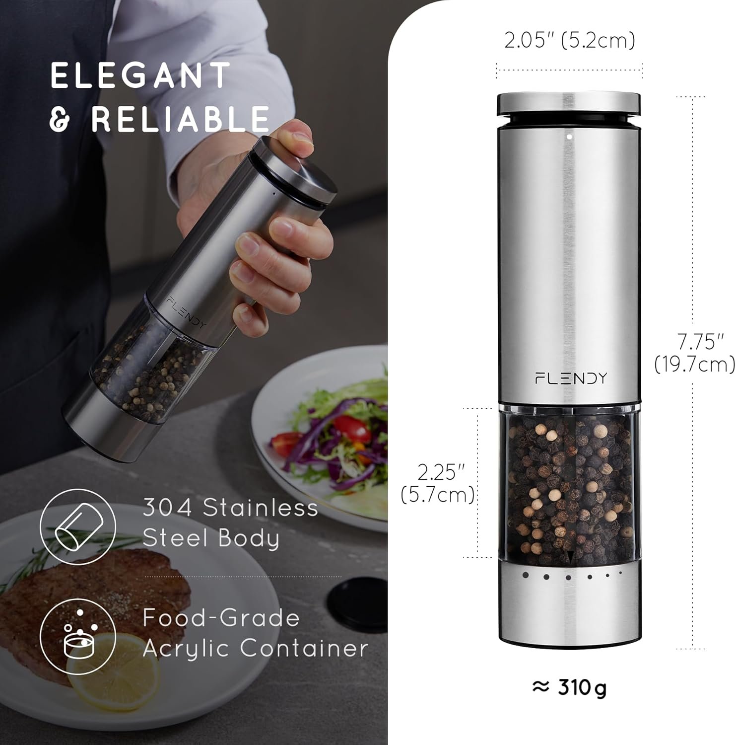 Electric Salt and Pepper Grinder Set Rechargeable, Automatic Salt and Pepper Grinder Set with Oversized Top Button, Stainless Steel Electric Salt and Pepper Shakers Set - Image 4
