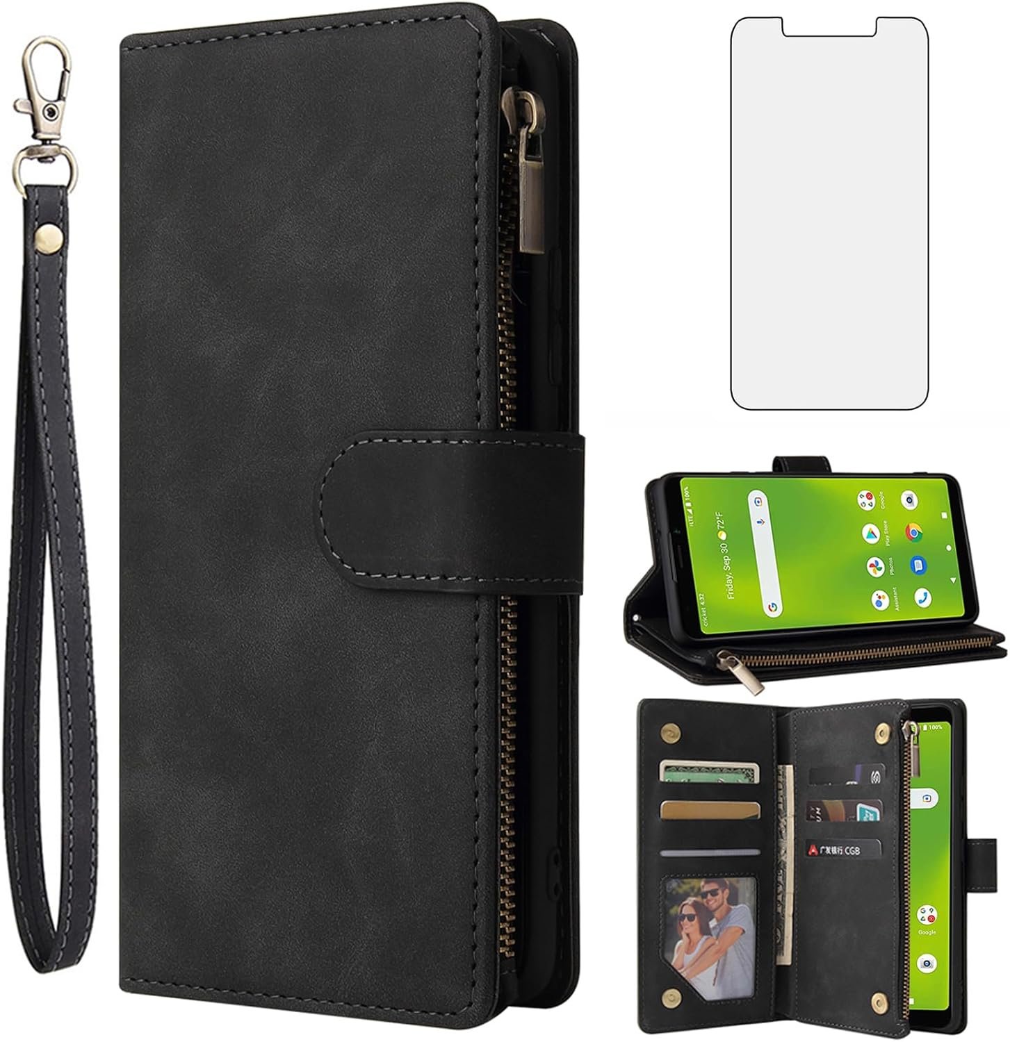 Asuwish Compatible with AT&T Calypso 3 U328AA Wallet Case Tempered Glass Screen Protector and Leather Flip Cover Card Holder Stand Cell Accessories Purse Phone Cases for ATT Calypso3 Women Men Black - Image 2