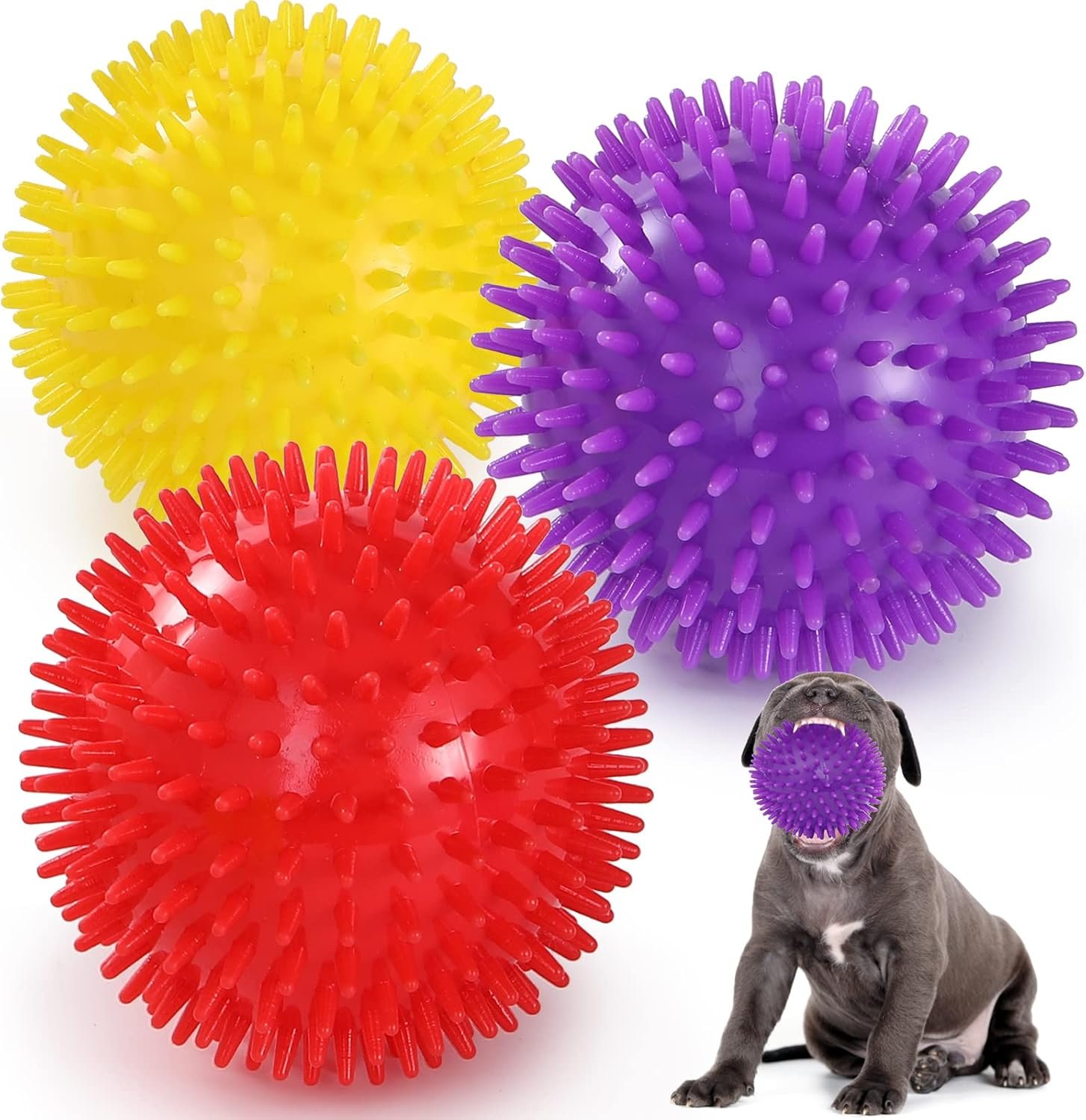 VITEVER 3 Colors 4.5” Heavy Duty Squeaky Dog Toy Balls for Medium Large Dogs, Dog Chew Toys for Teething, Spiky Dog Balls for Aggressive Chewers, Durable Dog Toys for Teeth Cleaning and Training - Image 2