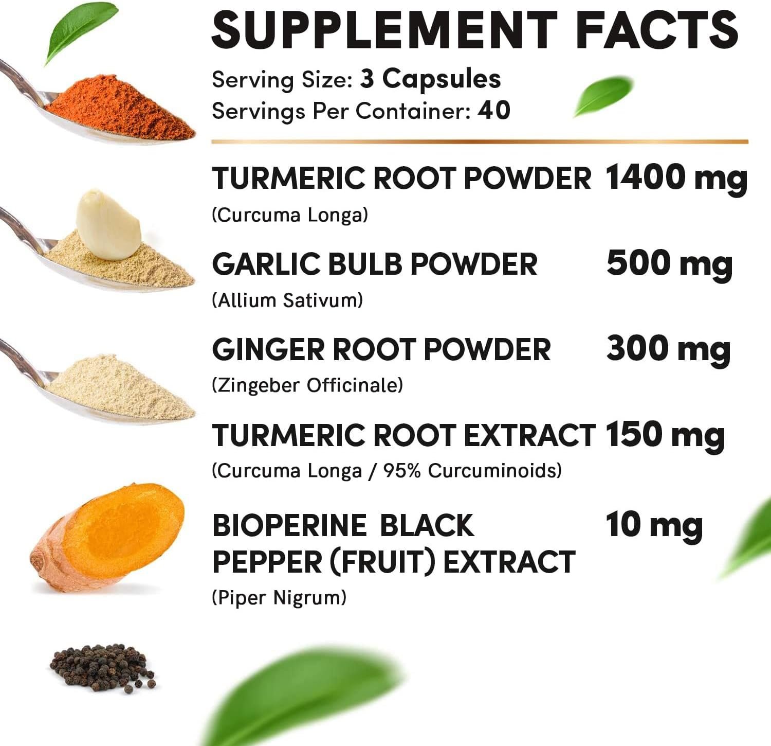 4-in-1 Turmeric and Garlic Supplements with Bioperine 2360 mg (120 ct) Turmeric Ginger Root Capsules with Garlic - Turmeric Curcumin with Black Pepper for Joint, Digestion & Immune Support (Pack of 1) - Image 5