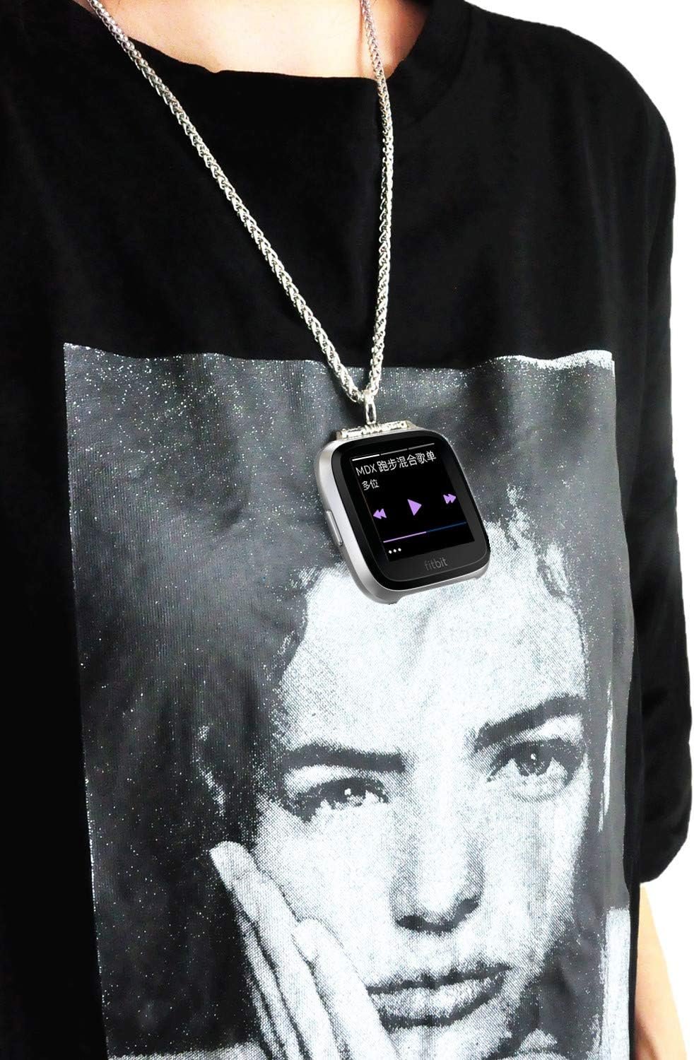 Stainless Steel Chain Necklace Smartwatch Band Compatible with Fitbit Versa 1/2/Lite Newest Polished Silver Metal Wheat Chain Strap Rope Neckband Replacement Accessories Wearable Technology Women Men - Image 5