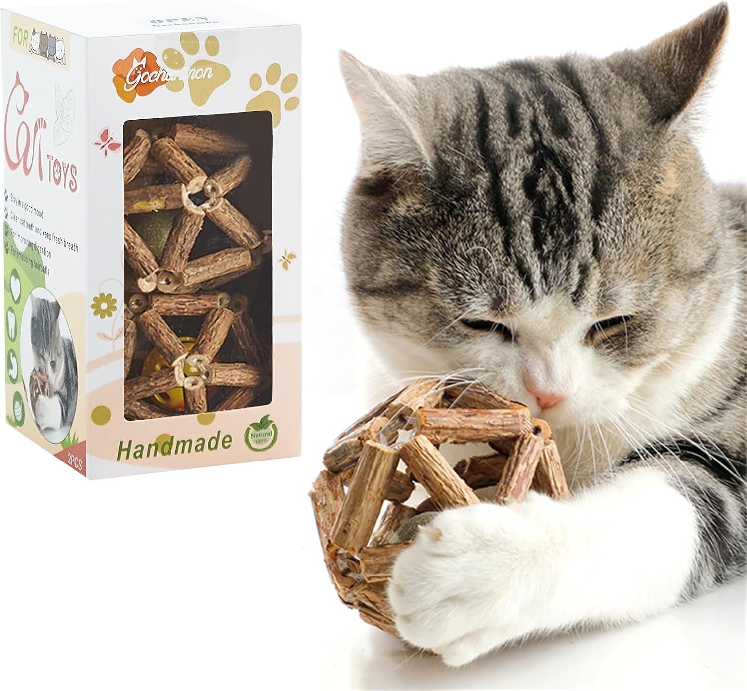 Catnip Toys-2Pcs Natural Silvervine Stick Catnip Ball&Bell Ball-Cat Toys for Indoor Cats- Cleaning Teeth Molar Tools Matatabi Cat Chew Toy-Kitten Toys All Breeds - Image 2