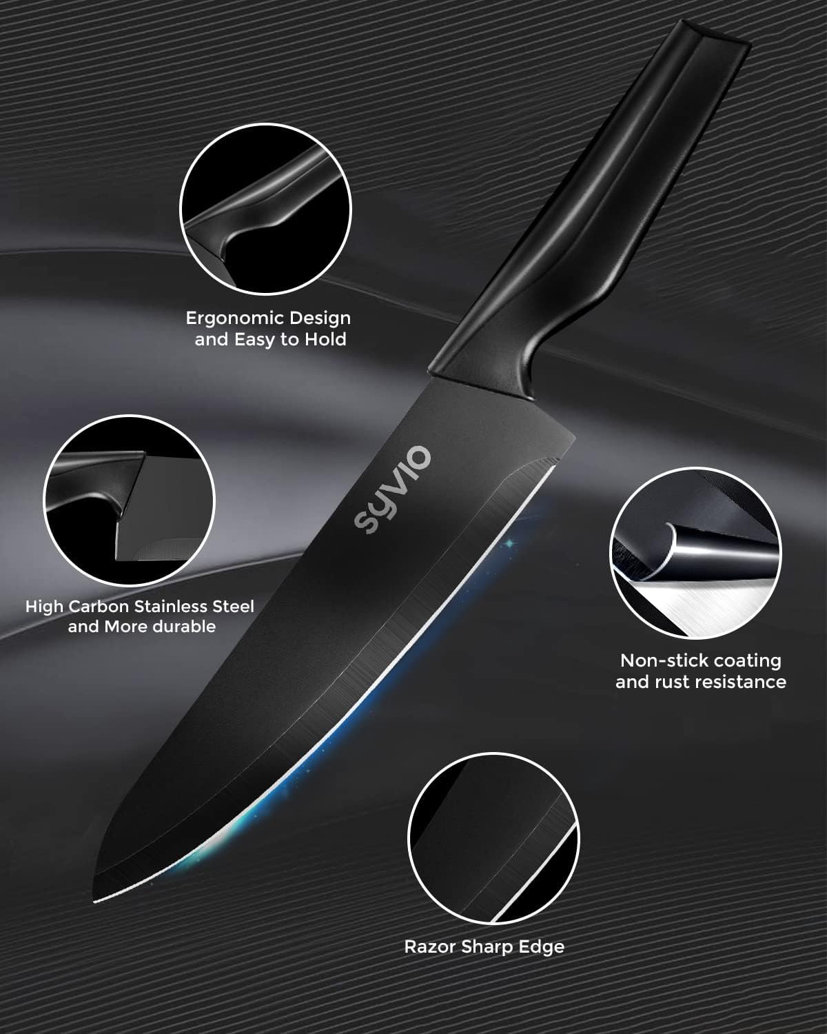 syvio Block Knife Set, 15 Pcs Kitchen Knife Set with Block and Sharpener, with Heavy Poultry Shears and 6pcs Serrated Steak Knives Razor-Sharp, Stainless Steel, Lightweight, Anti-Slip Handle - Image 5