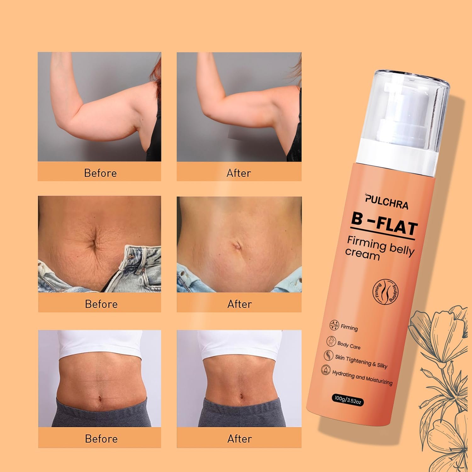 Pulchra B Flat Belly Firming Cream, Skin Tightening Cream for Cellulite, Firming and Tightening Lotion for Belly, Arms, Thighs and Butt, Moisturizing For Women and Men, 3.52 Fl. OZ. - Image 8