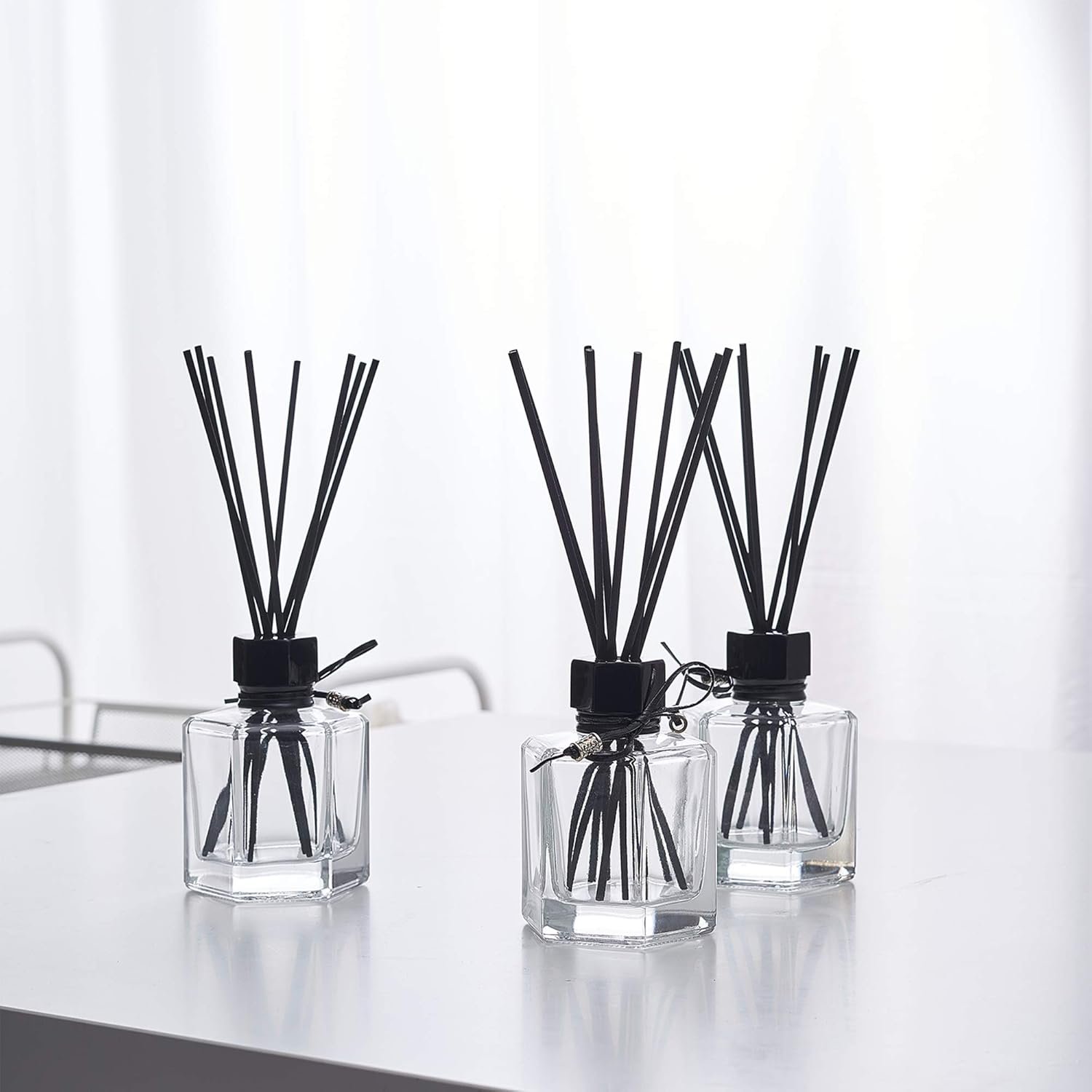 Whole HOUSEWARES | Diffuser with Sticks Set of 3 4oz | Empty Refillable Glass Aromatherapy Diffuser Bottles with Leather Cord and 24pcs Black Fiber Sticks | Reed Diffuser Bottle for Essential Oils - Image 4