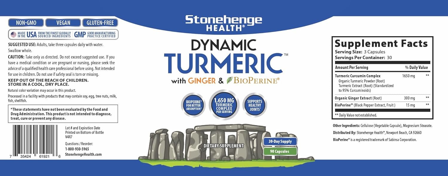 Stonehenge Health Dynamic Turmeric Curcumin with Ginger - High Potency - 1,650 mg Turmeric with 95% Curcuminoids & BioPerine, Supports Joint Pain & Inflammation, 90 Vegetarian Capsules - Image 6
