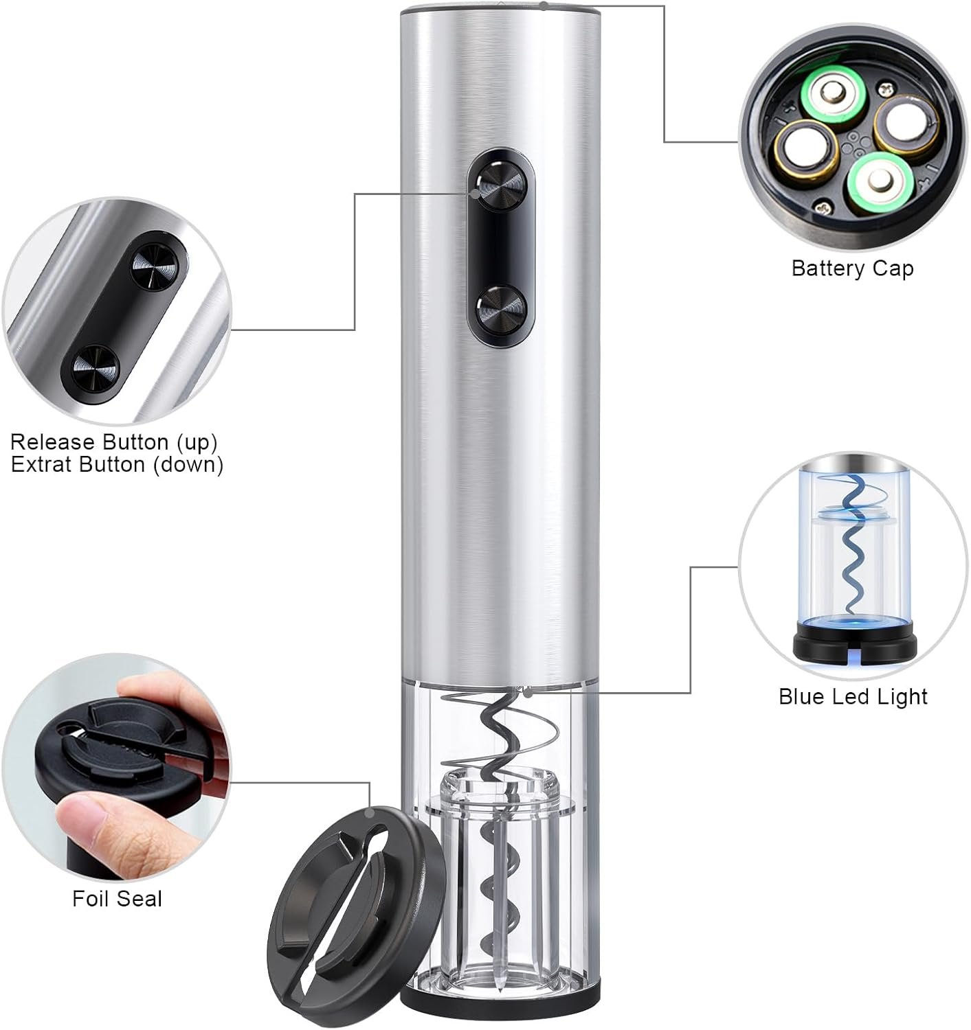 COKUNST Electric Wine Opener, Battery Operated Corkscrews Wine Bottles Openers with Foil Cutter & LED Light, Reusable Automatic Wine Remover Stainless Steel for Wine Lover Home Kitchen Party - Image 3