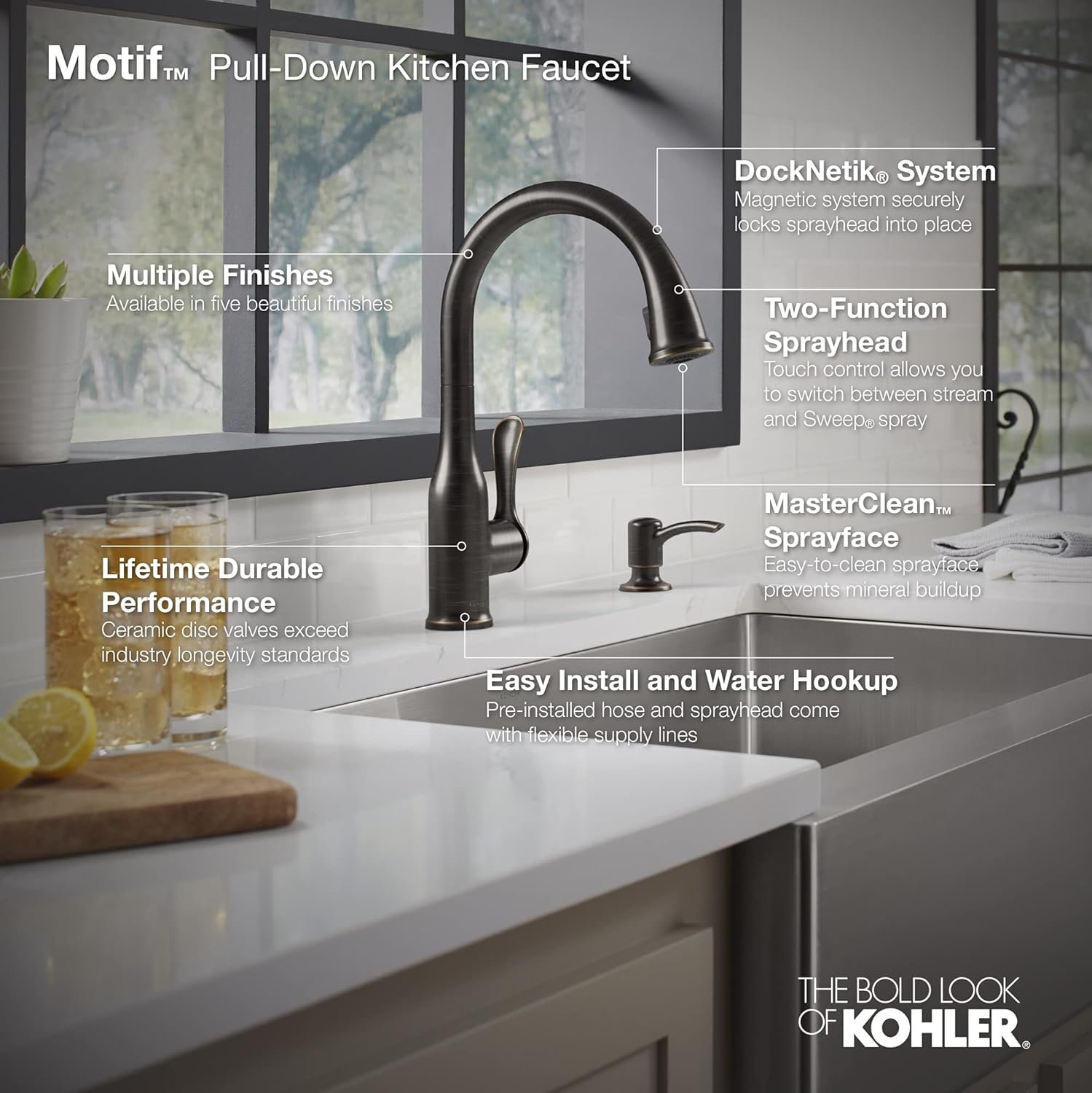 KOHLER K-REC23863-SD-CP Motif Kitchen Faucet with Pull Down Sprayer and Soap Dispenser, Kitchen Sink Faucet in Polished Chrome - Image 6