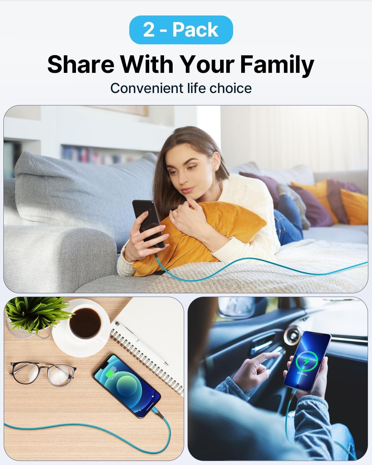 Aioneus iPhone Charger 6ft 2Pack, (MFi Certified) Lightning Cable Fast Charging Nylon Braided iPhone Charging Cord Compatible with iPhone 14 13 12 11 Pro Xr Xs Max 10 8 7Plus 6 SE (Blue) - Image 9