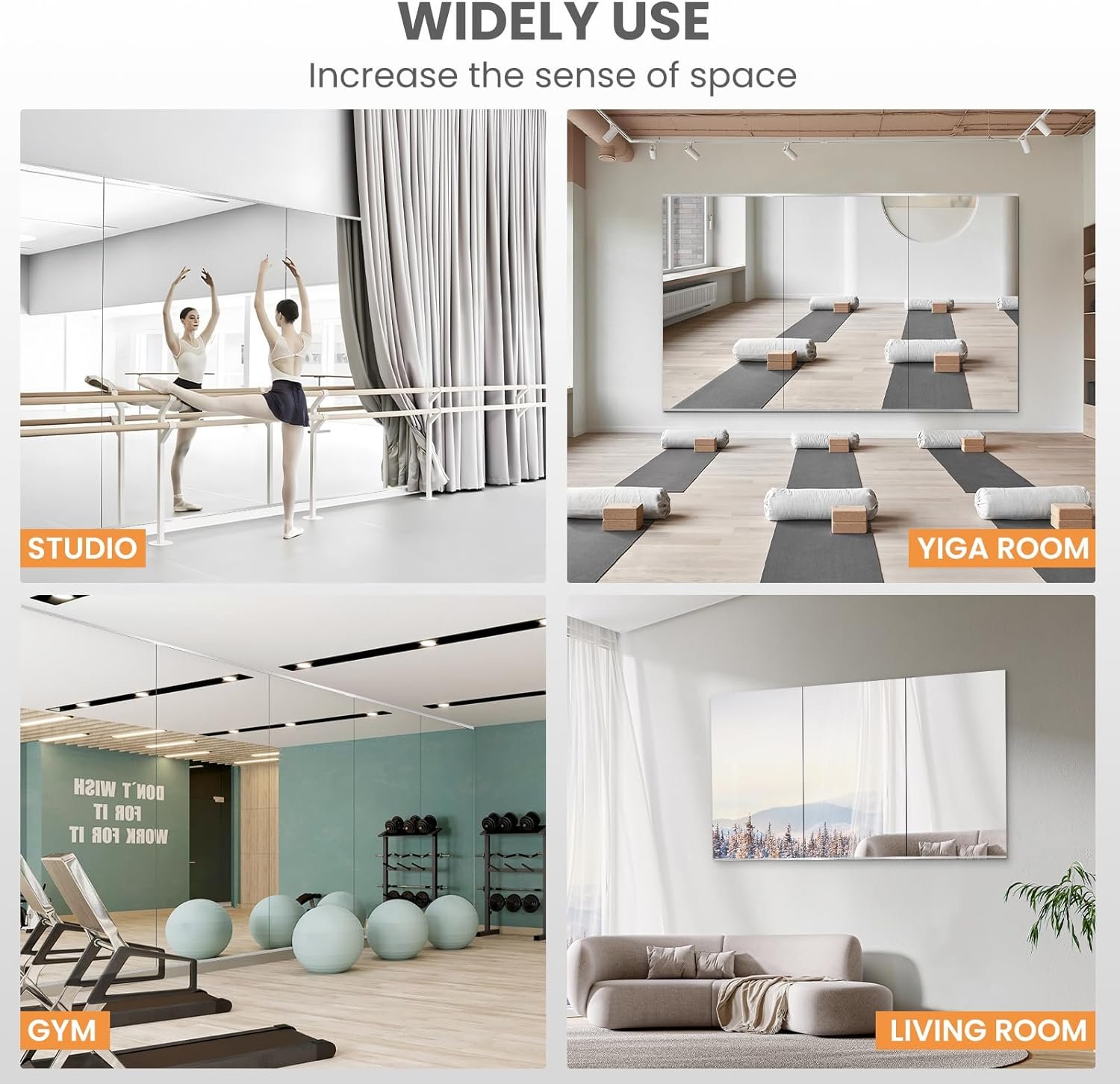 Home Gym Mirror, 48X24 Inch(Each)-2Pcs, Frameless Large Full Body Mirror Yoga Mirror, Tempered Glass Mirror, Full Length Wall Mounted Mirror for Gym, Yoga Studio, Bedroom, Dancing Studio - Image 6