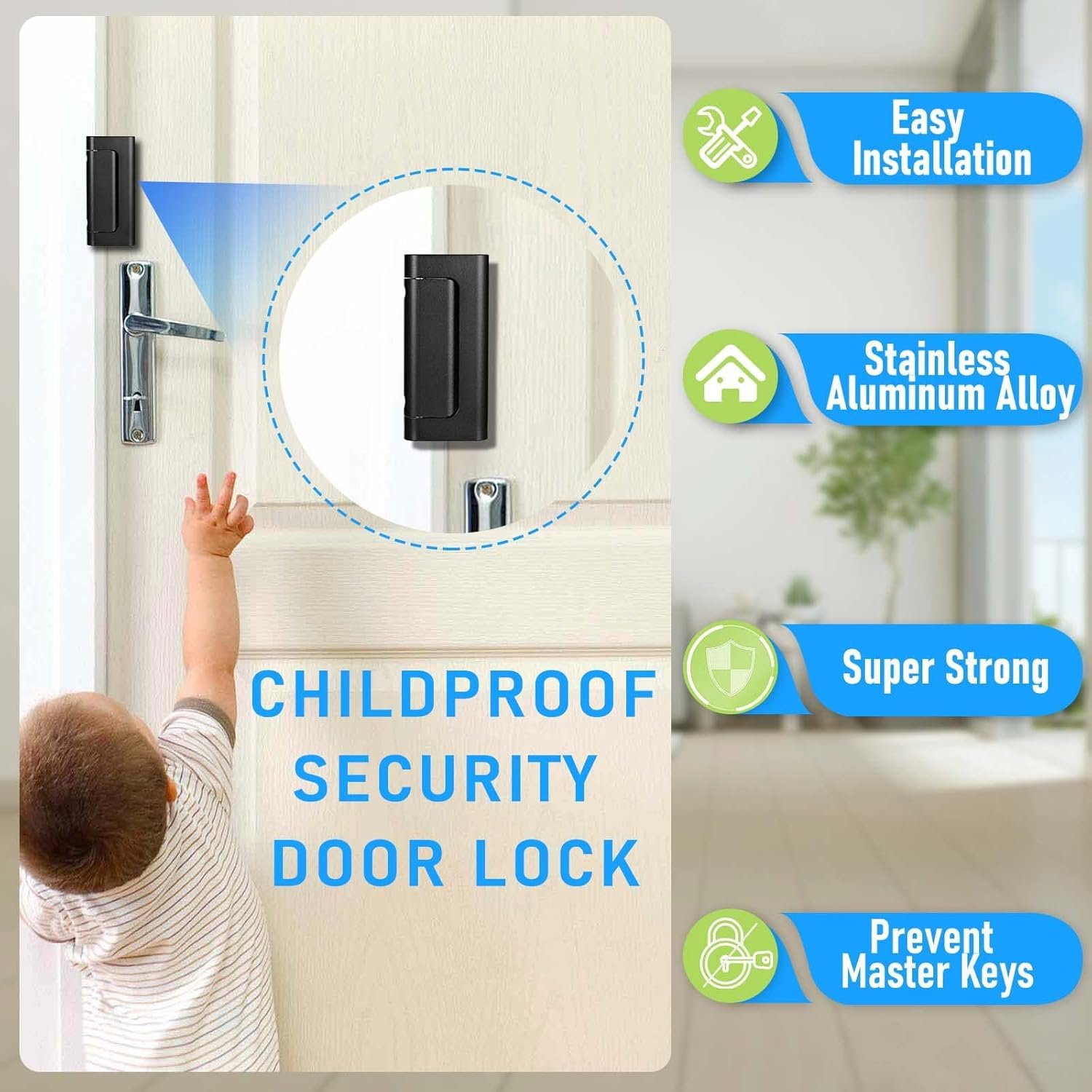 3Pack Home Security Door Reinforcement Lock, Childproof Safety Door Lock Latch Inside Stopper, Add High Security to Prevent Home Unauthorized Entry, Aluminum Construction Finish Black - Image 4