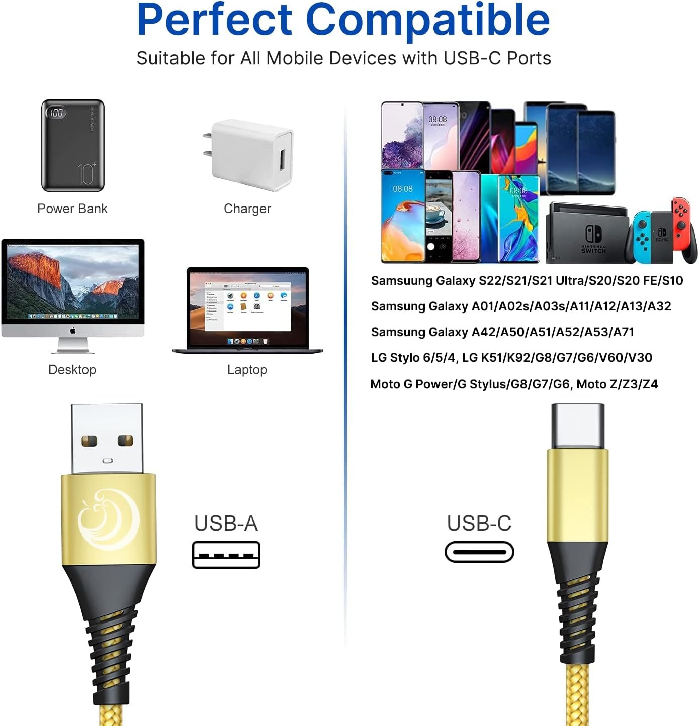 USB C Cable 10FT 3Pack Fast Charging Nylon Braided Long Type C Charger Cable for Samsung Galaxy S24 S23 S22 S21 S10 S9 S8 A02s A03s A11 A12 A13 A14 A21 A22 A32 A42 A53, Tablet, LG, Moto, TCL - Image 8