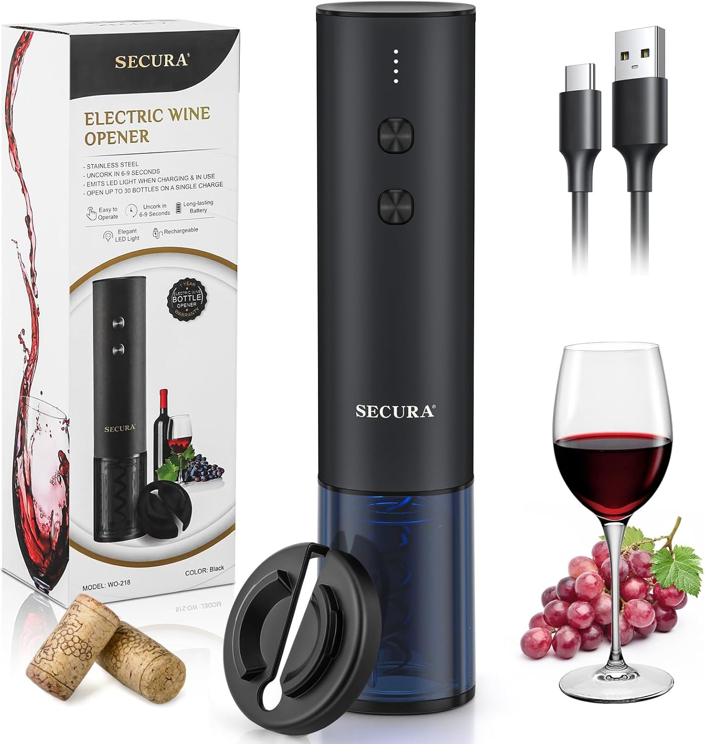 Secura Stainless Steel Electric Wine Opener, Rechargeable Automatic Home Wine Bottle Opener with Foil Cutter & Charging Cable, Reusable Corkscrew Wine Opener Electric for Wine Lovers, Black - Image 2