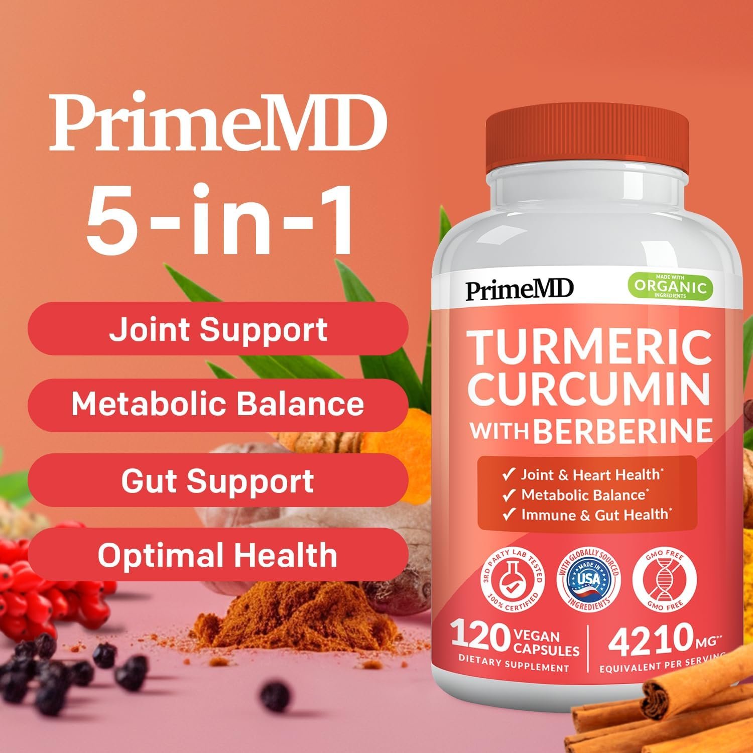 5-in-1 Turmeric Curcumin Supplement (4210mg) with Berberine, & Ceylon Cinnamon - Organic Turmeric Curcumin with Black Pepper and Ginger Supplements for Joint, Heart, Gut, & Metabolic Support (120 ct) - Image 3