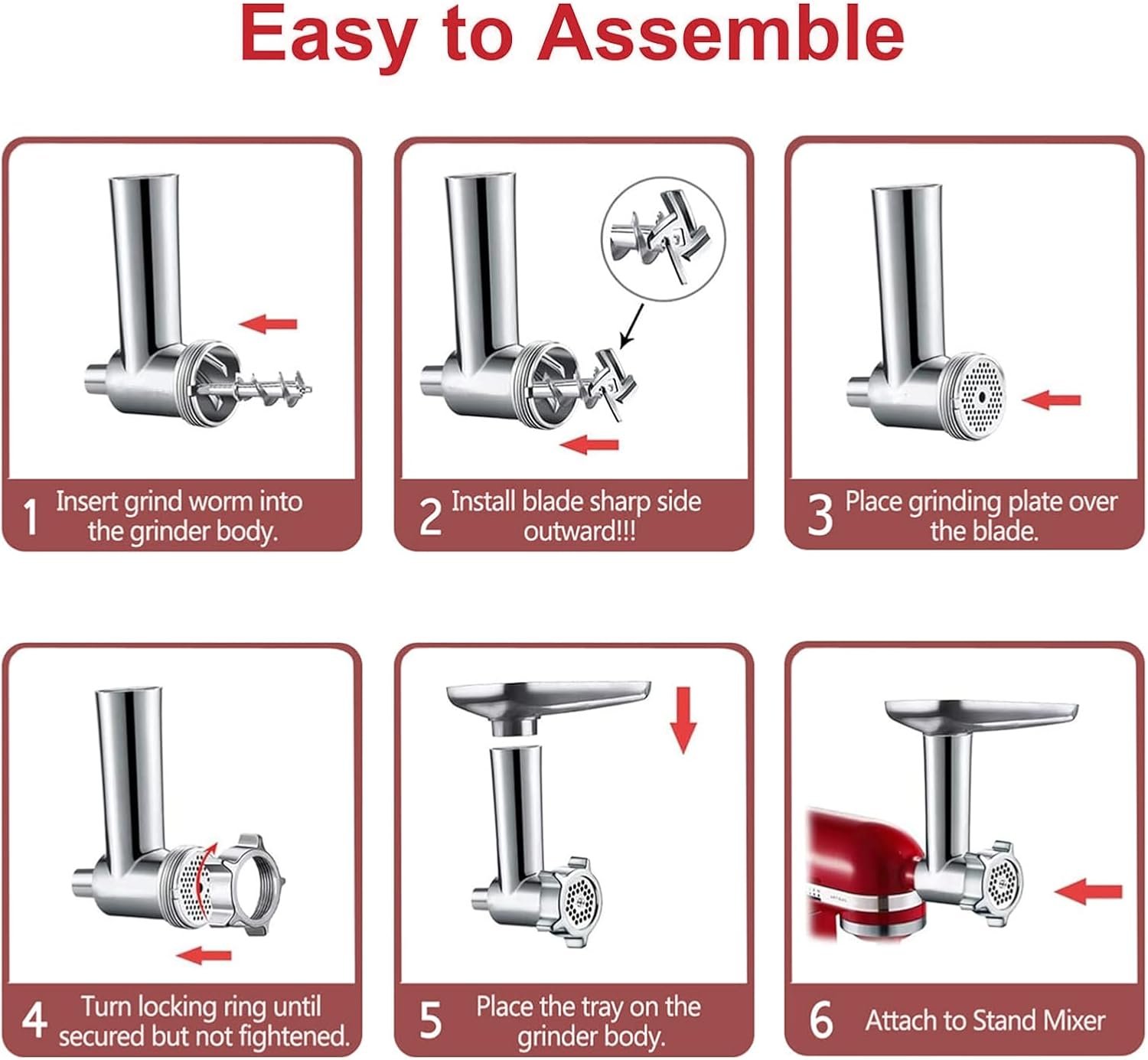 Metal Food Grinder Attachments for KitchenAid Stand Mixers, Meat Grinder, Sausage Stuffer, Meat Grinder for Kitchenaid Mixer, Includes 4 Grinding Plates, 3 Sausage Stuffer Tubes, 3 Grinding Blades - Image 6