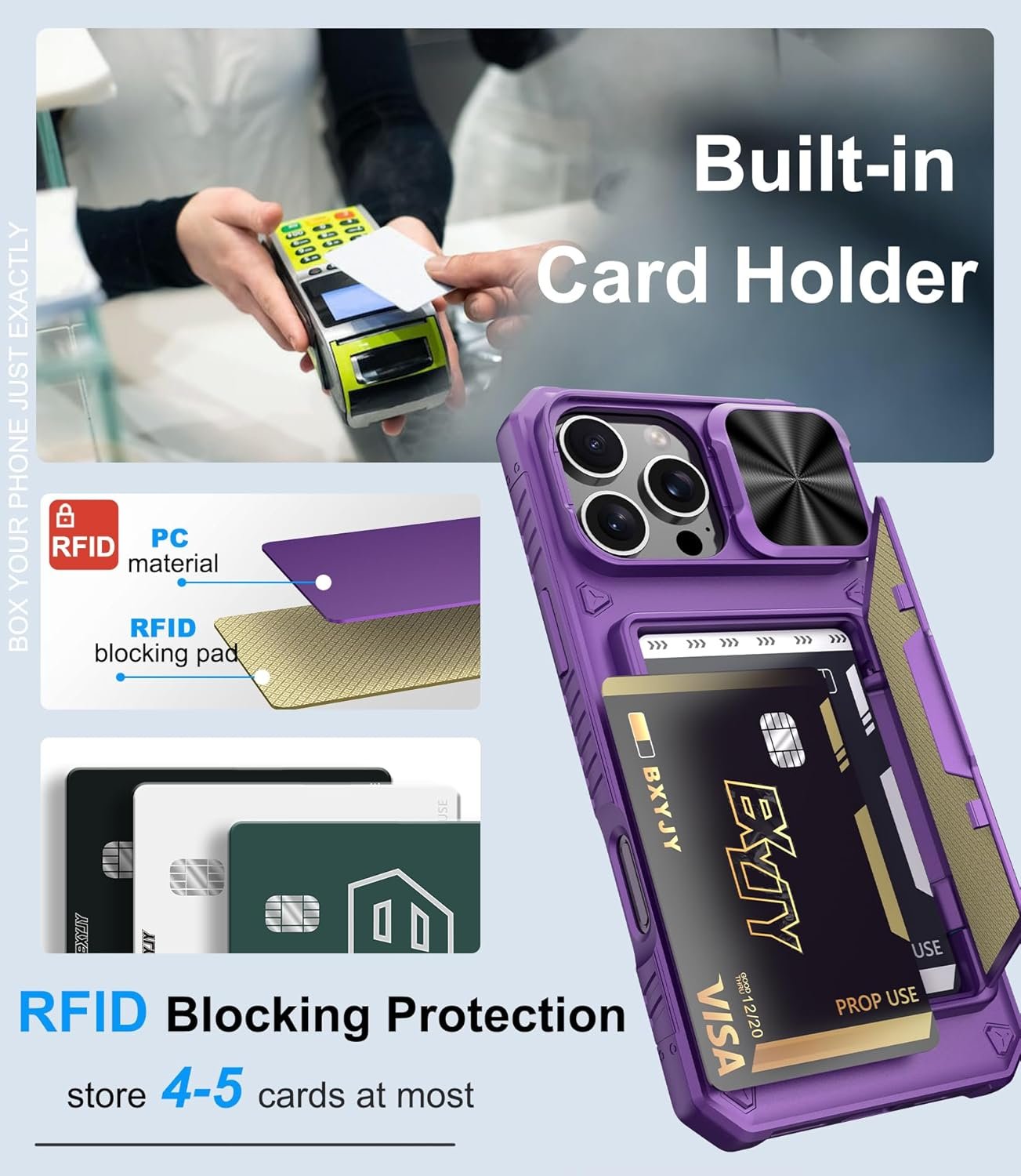 for iPhone 16 Pro Max Wallet Case with Camera Cover, Built-in Card Holder (4-5 Cards), Military Grade Protection, Heavy Duty Women Men Protective Phone Case for iPhone 16 Pro Max, Dark Purple - Image 4