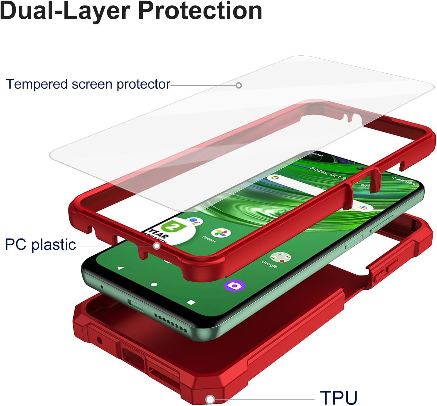 Ailiber for Cricket Outlast Phone Case, AT&T Jetmore Case with Screen Protector Tempered Glass, Dual Layer Structure Protection, Shock-Absorbing Corners TPU Bumper, Heavy Duty Cover for Outlast-Red - Image 4
