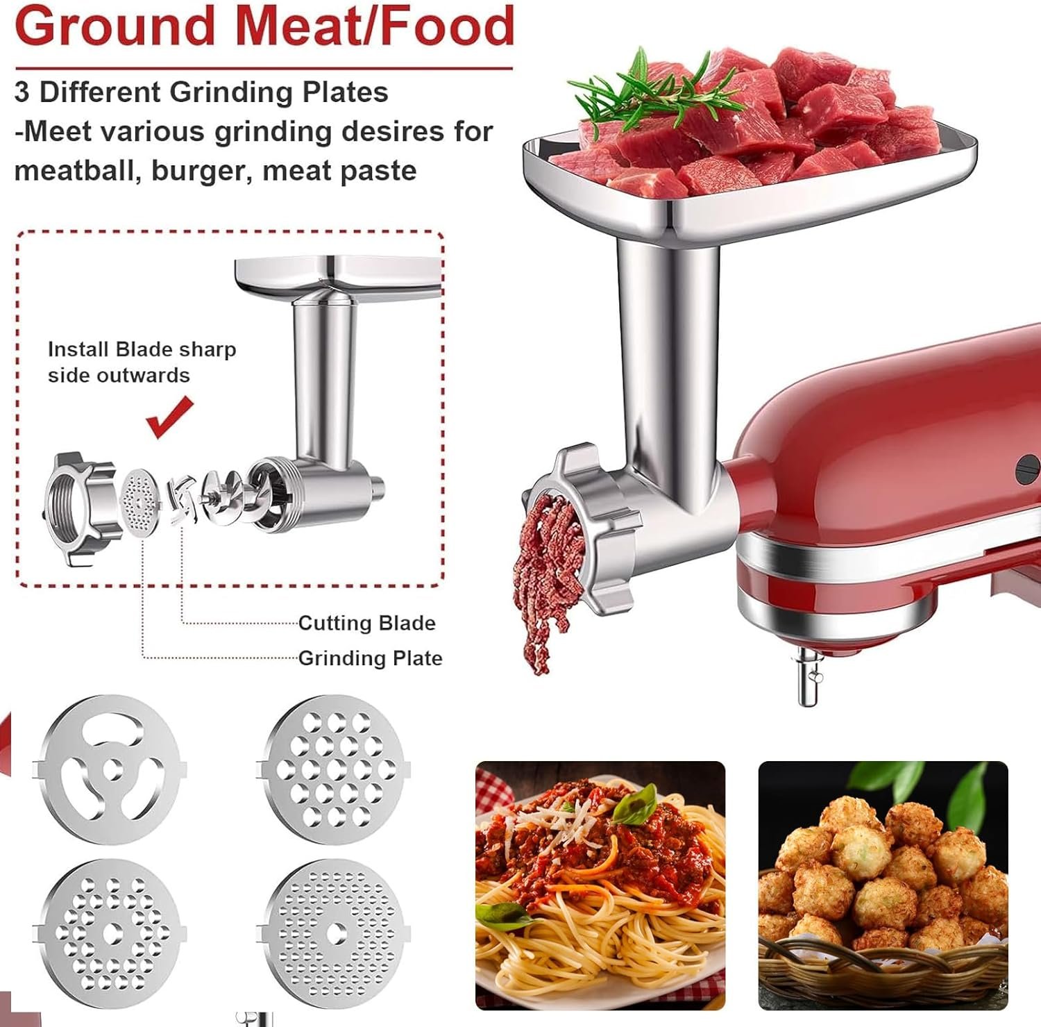 Metal Food Grinder Attachments for KitchenAid Stand Mixers, Meat Grinder, Sausage Stuffer, Meat Grinder for Kitchenaid Mixer, Includes 4 Grinding Plates, 3 Sausage Stuffer Tubes, 3 Grinding Blades - Image 4