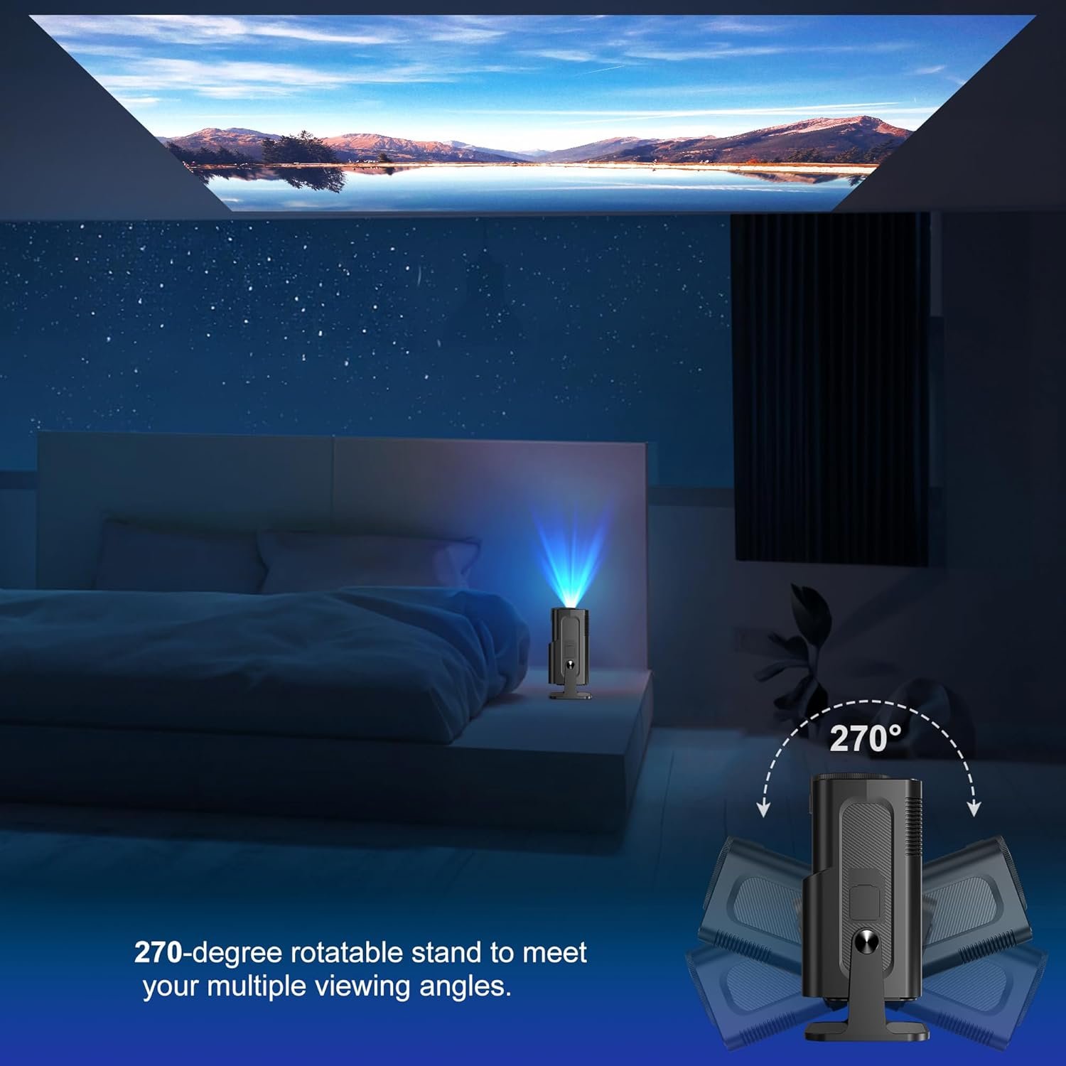 Allesin Mini Smart Projector with wifi and bluetooth, Full HD 1080P proyector 4K Supported 18000 Lumen, Auto Keystone Ceiling Projector Focu 270 Degree Rotation, Projector with Android11.0, Black - Image 4