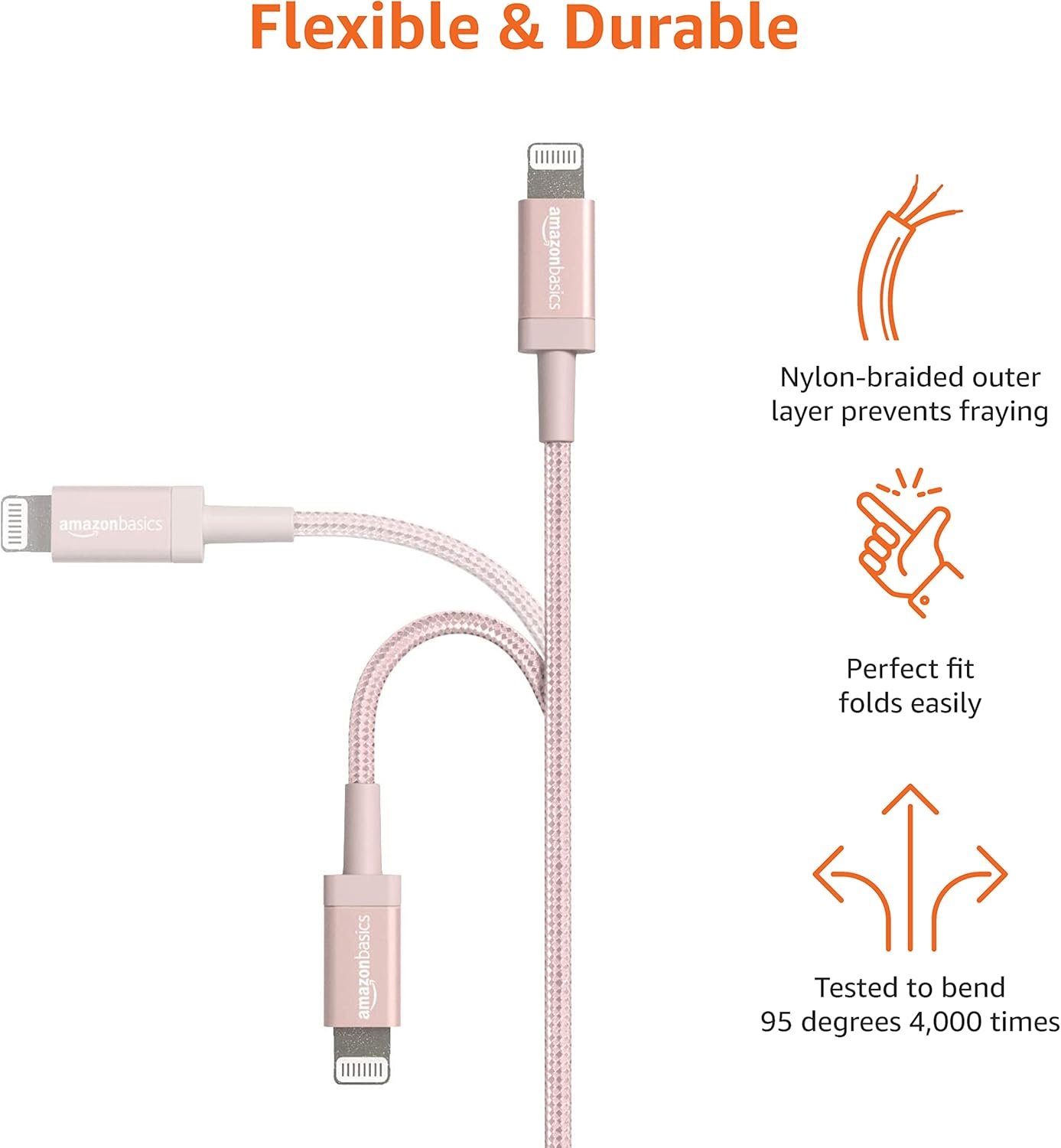 Amazon Basics USB-A to Lightning Charger Cable, Nylon Braided Cord, MFi Certified Charger for Apple iPhone 14 13 12 11 X Xs Pro, Pro Max, Plus, iPad, 3 Foot, Rose Gold - Image 6