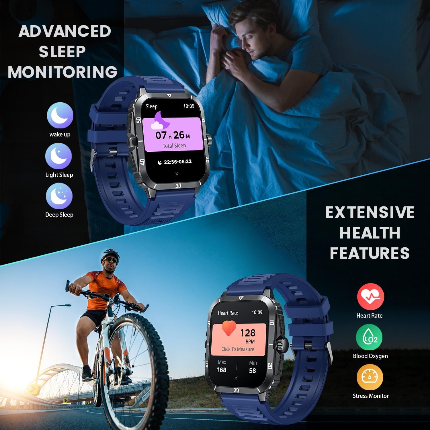 Smartwatch for Men Fitness Smart Watch: 2.0 inch Blue Watch with Bluetooth Call Answer - Android iOS Compatible Military 3ATM Waterproof 100+ Sports Digital Activity Tracker Heart Rate Sleep Monitor - Image 5